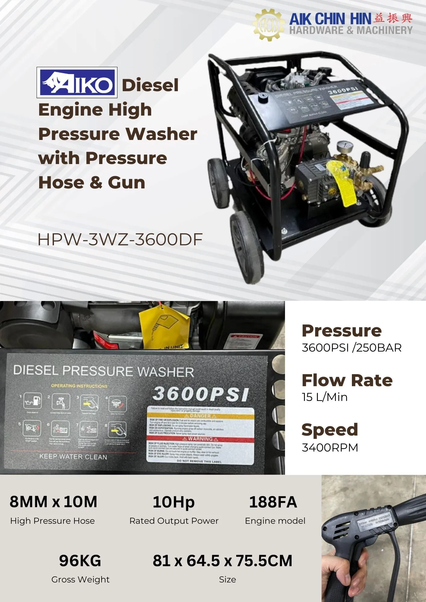 Aiko 10HP. 250BAR 188FA Diesel Engine High Pressure Washer Come with 10m Pressure Hose & Gun | Model : HPW-3WZ-3600DF