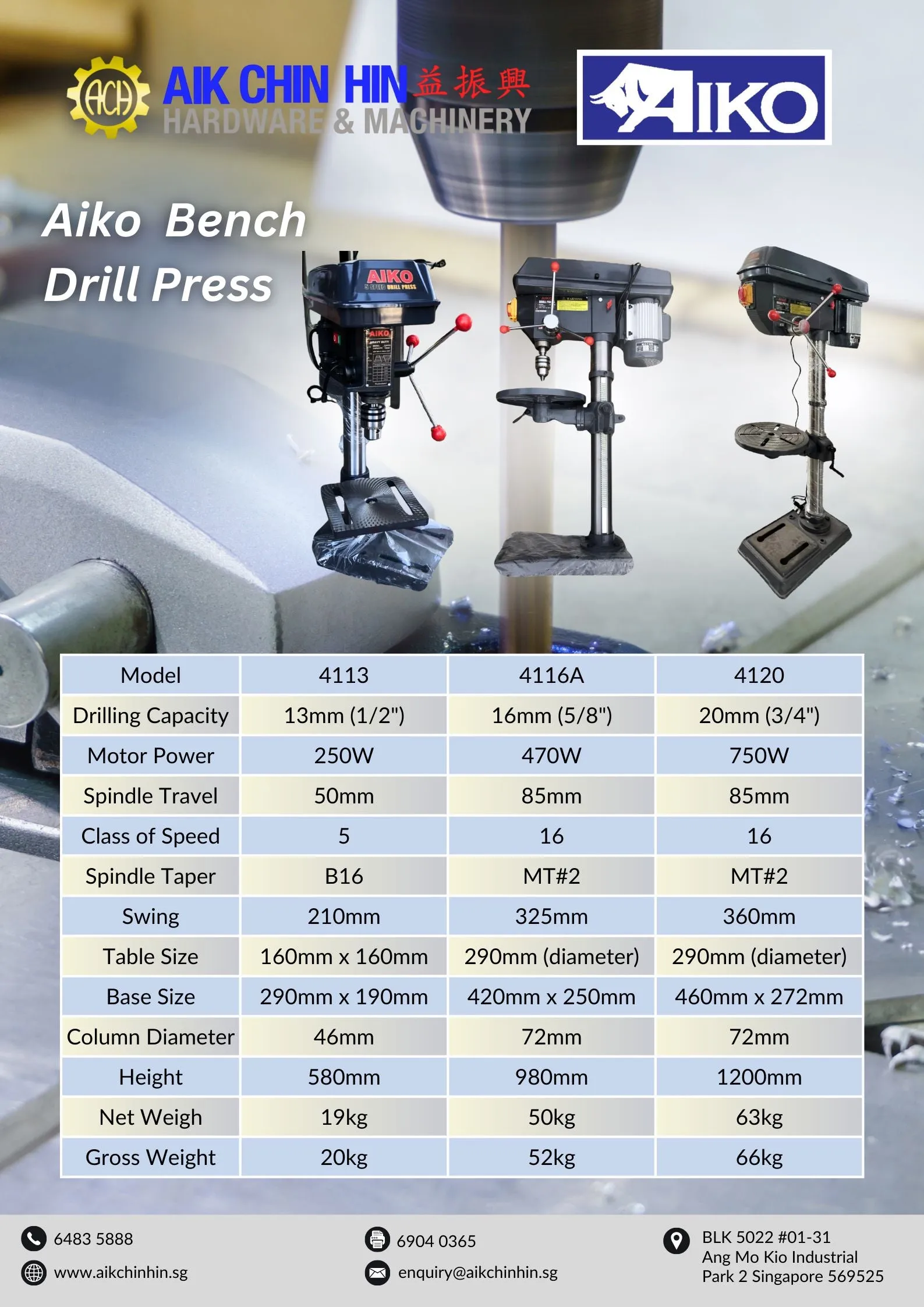 Aiko 16mm Bench Drill Press | Model : 4116 | Type : With motor. No Motor
