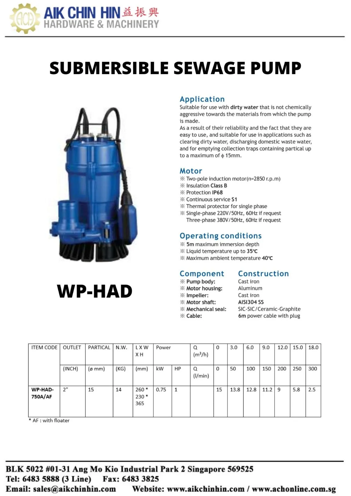 Aiko 2 1Hp 0.75Kw Submersible Construction Water Pump  (Auto Float) | Model : WP-HAD-750AF