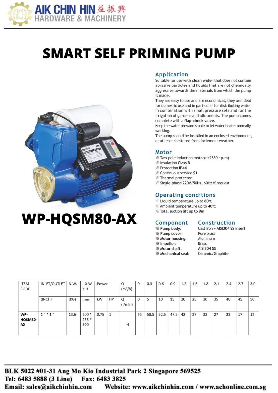 Aiko 220V 1 Outlet with 1Hp Motor Smart Self-Priming (Auto Booster) Pump | Model : WP-HQSM80-AX