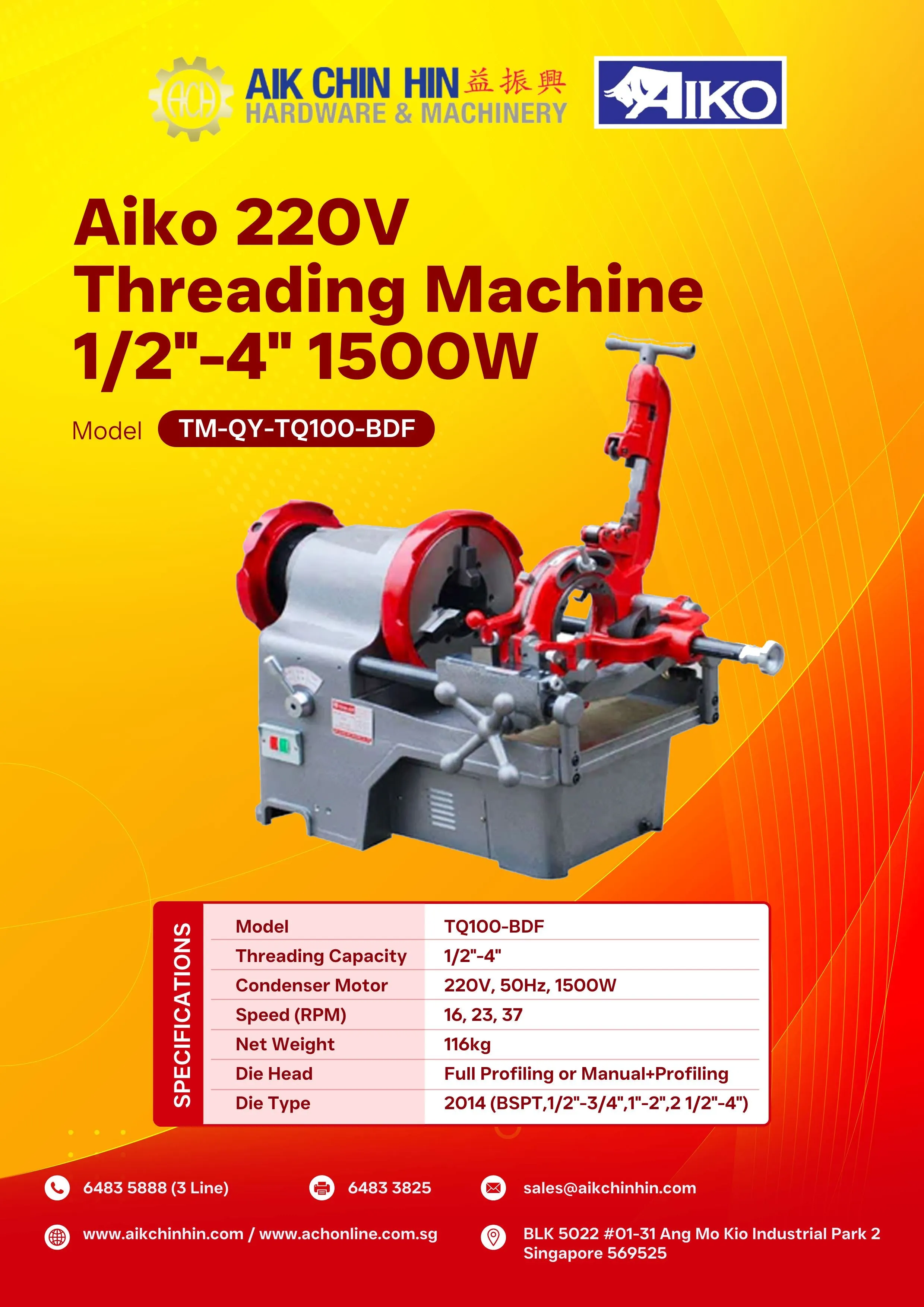 Aiko 220V Threading Machine 1/2-4 1500W | Model : TM-QY-TQ100-BDF