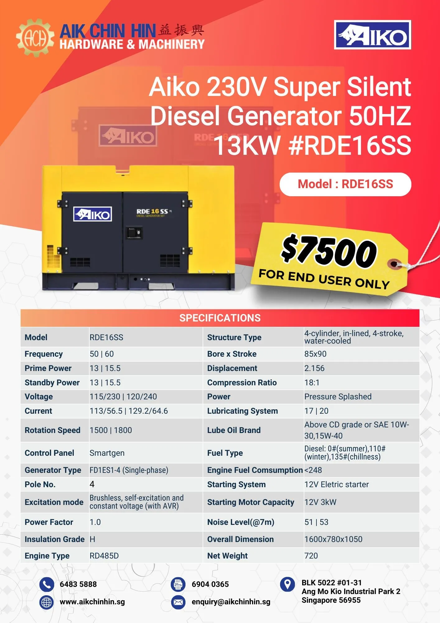Aiko 230V Super Silent Diesel Generator 50HZ 13KW #RDE16SS | Model : RDE16SS