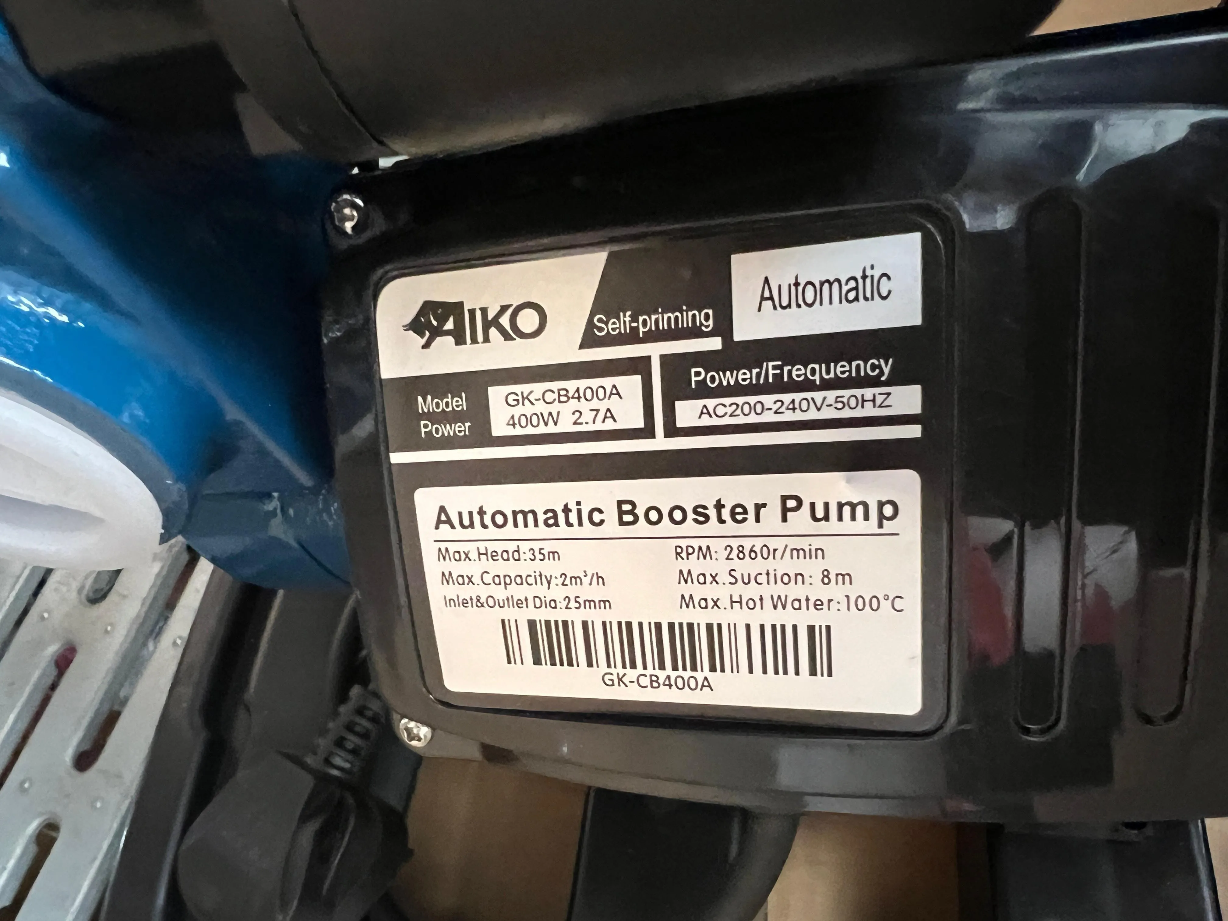 Aiko 400W Automatic Self Priming Booster Water Pump with 2L Tank & Cover 240V 50Hz | Model : WP-GK-CB400A