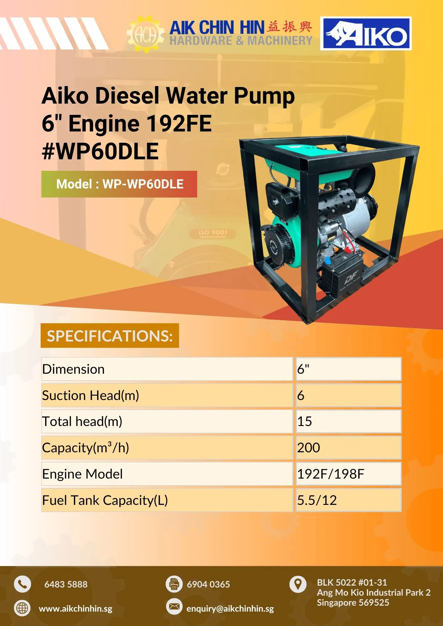 Aiko Diesel Water Pump 6 Engine 192FE #WP60DLE | Model : WP-WP60DLE