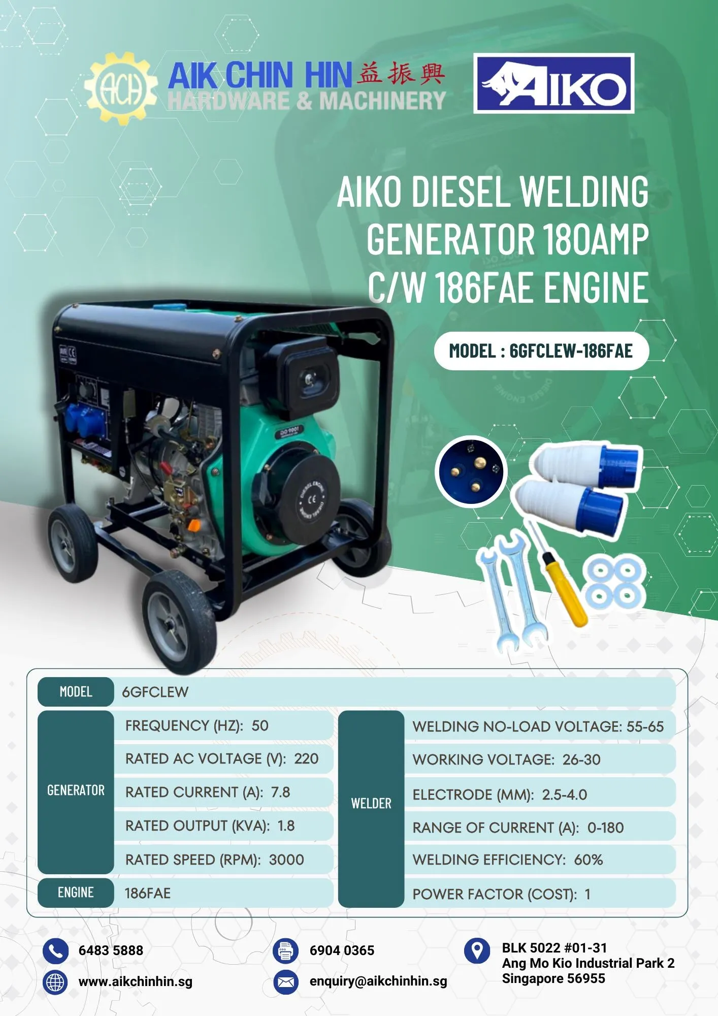 Aiko Diesel Welding Generator 180amp C/W 186FAE Engine | Model : 6GFCLEW-186FAE