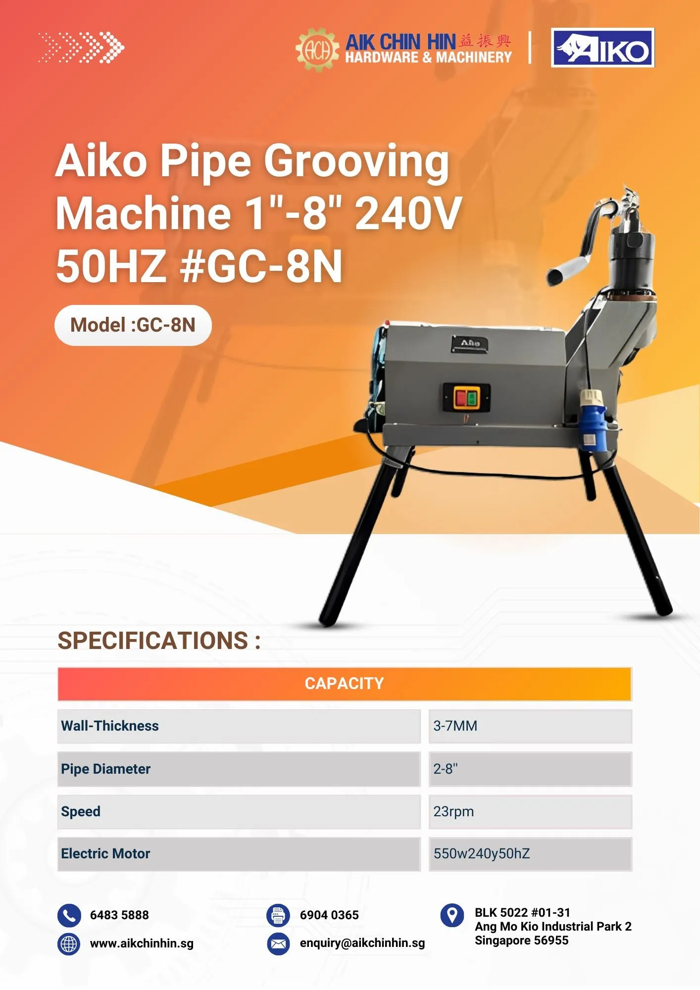 Aiko Pipe Grooving Machine 1-8 240V 50HZ #GC-8N | Model : GC-8N