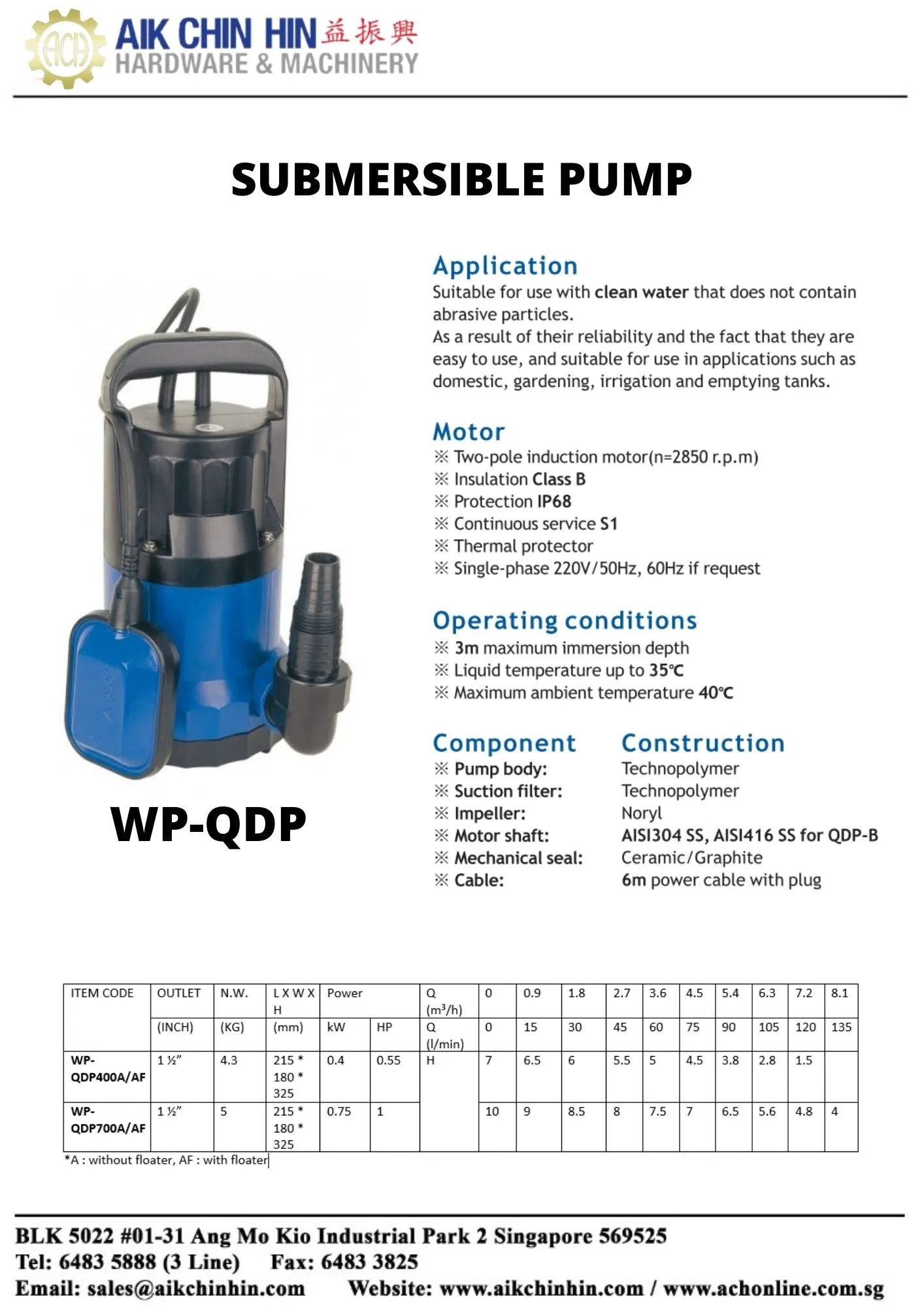 Aiko Submersible Pump (Without Float or Auto/ with float ) 1.5 0.5/1 Hp  | Model : WP-QDP