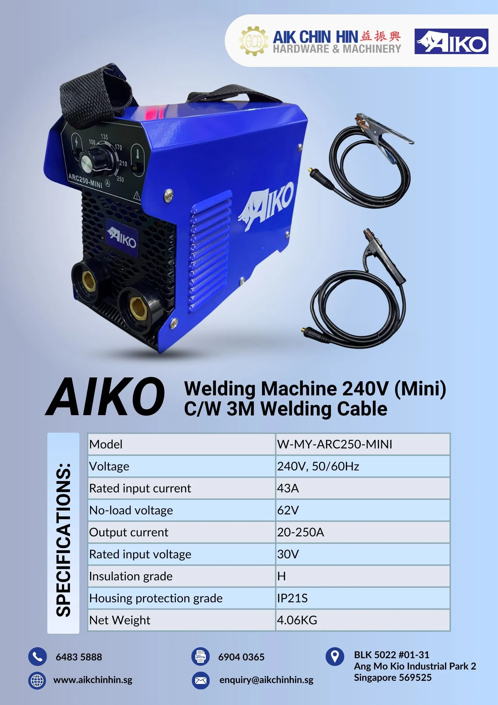 Aiko Welding Machine 240V (Mini) C/W 3M Welding Cable | Model : W-ARC250-MINI-MY
