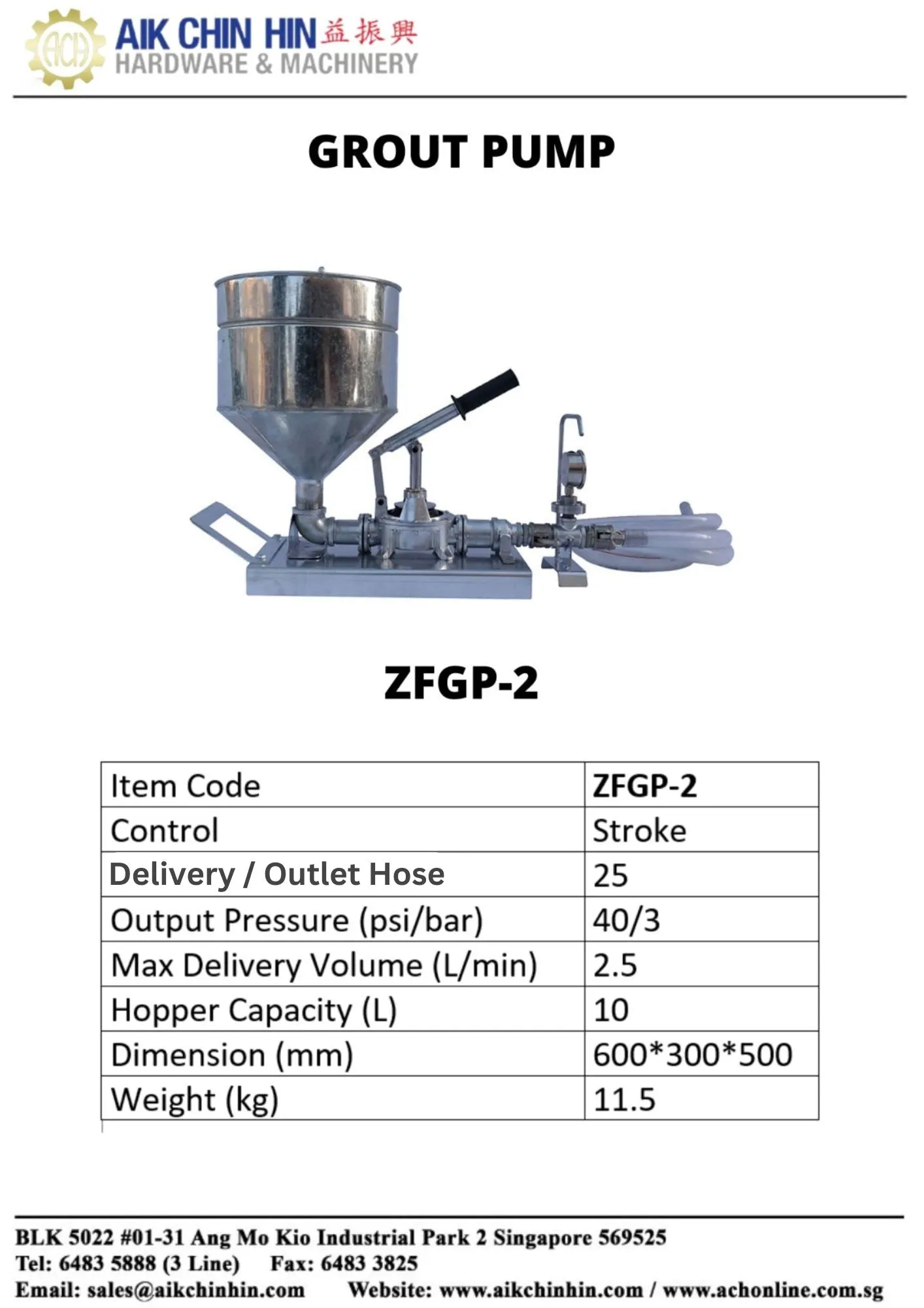 Aiko #ZFGP-2 Hand Injector Grout Pump with 10 L 40PSI | Model : ZFGP-2