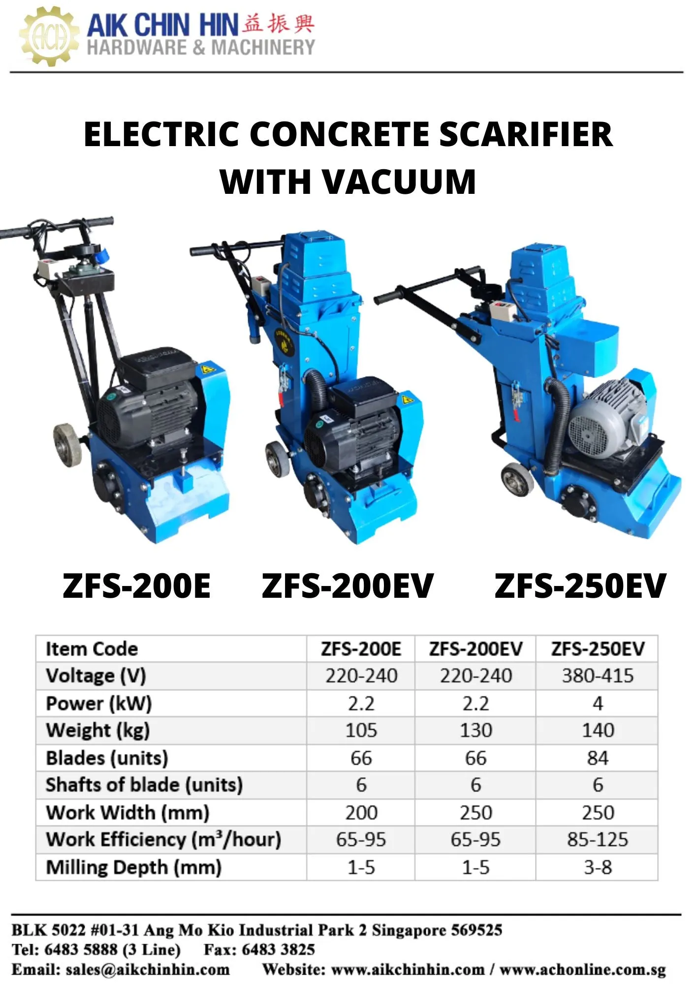Aiko ZFS-250EV Electric Scarifier Machine With Vaccum Three Phase with 415V 250 mm | Model : ZFS-250EV