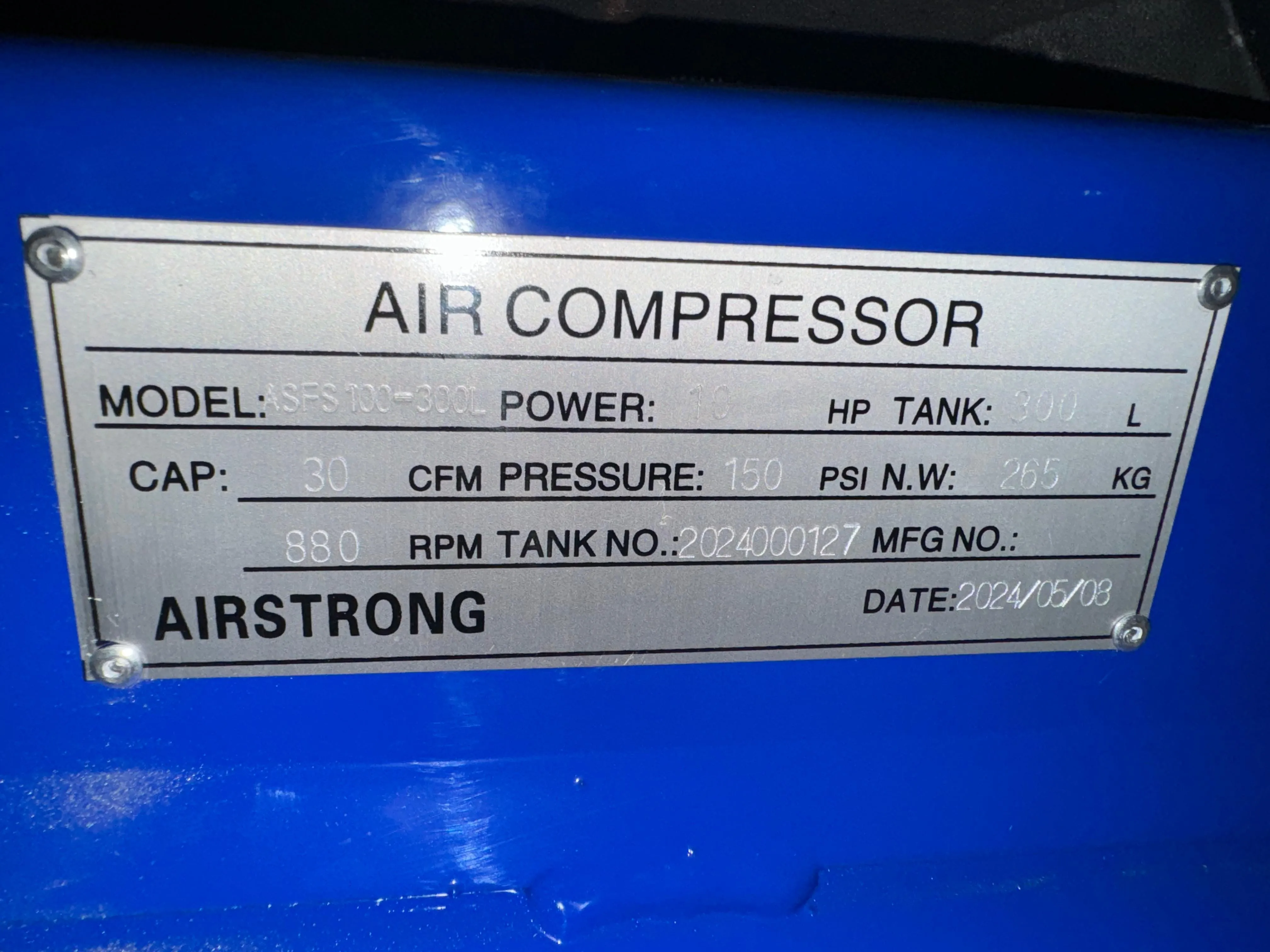 Airstrong 10HP 300L Air Compressor 415V 8 Bar : Model : ASFS100-300L