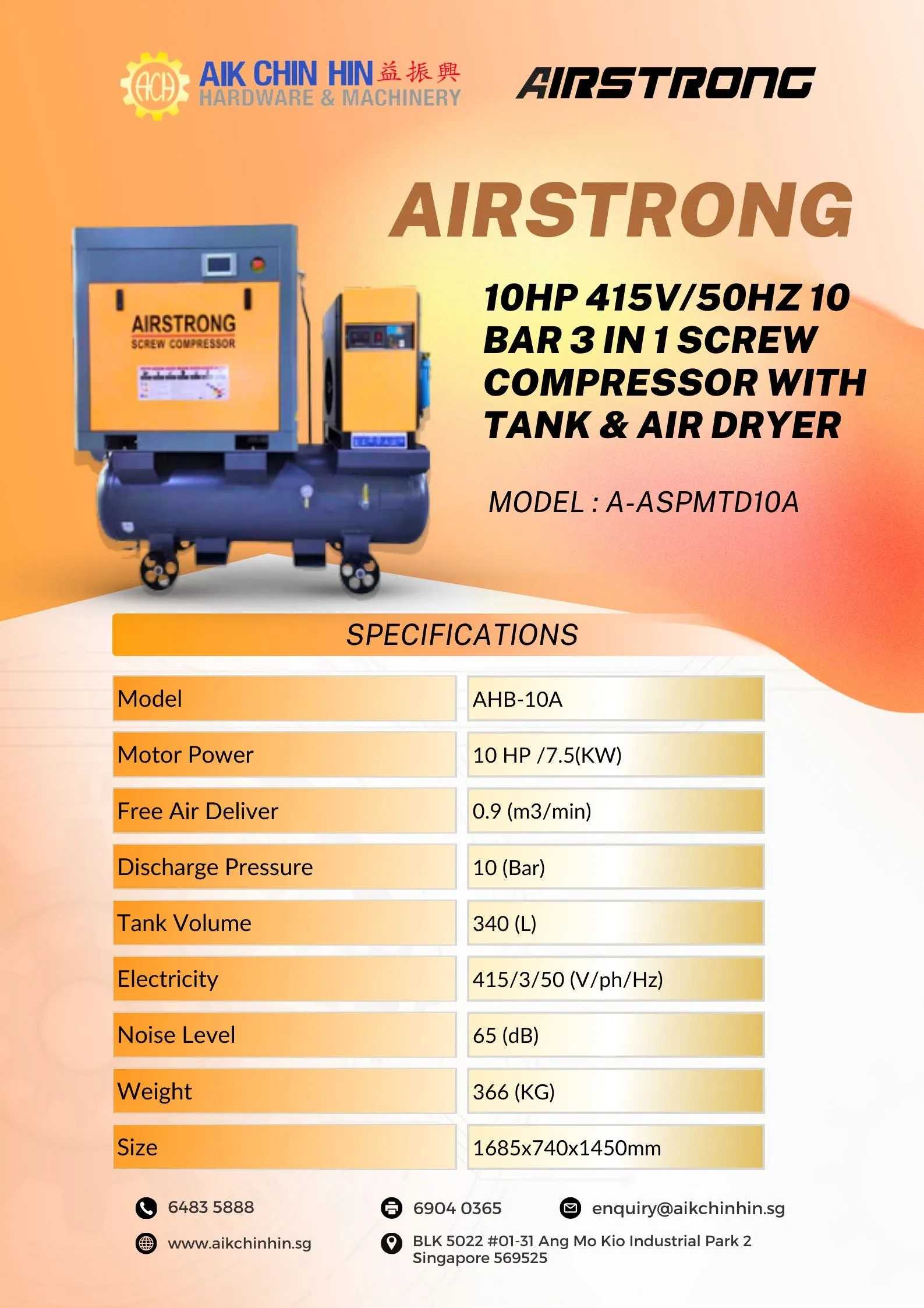 Airstrong 10HP 415V/50Hz 10 Bar 3 in 1 Screw Compressor with Tank & Air Dryer | Model : A-ASPMTD10A