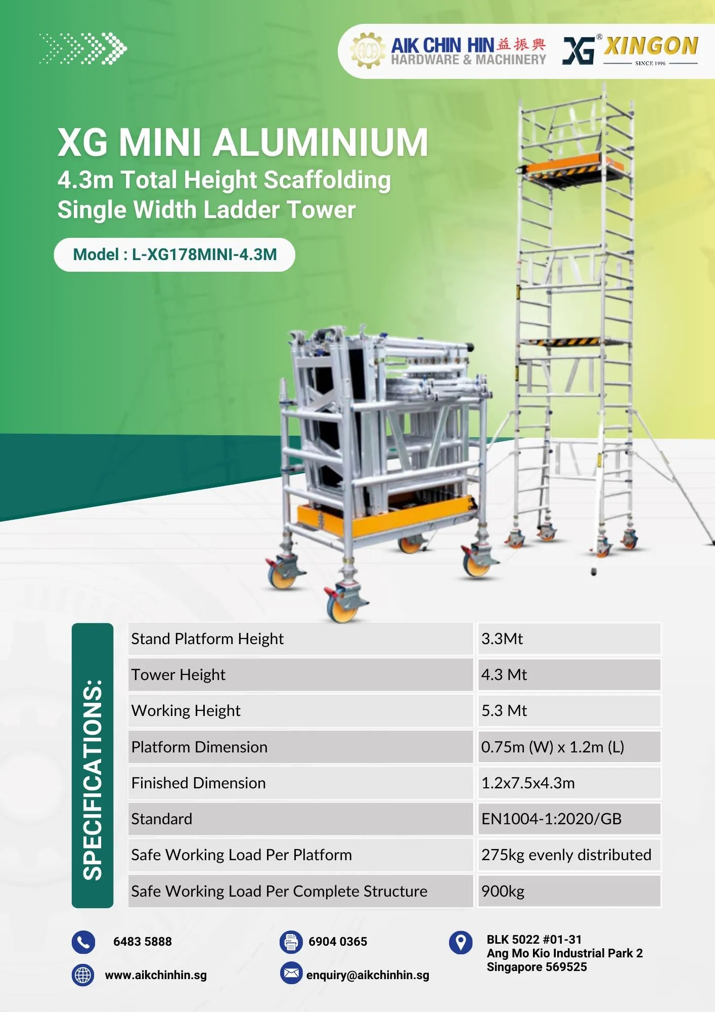 Alum Mini Scaffolding (Platform : 3.3m) Working Height 5.3m With Assy | Model : L-XG178MINI-4.3M