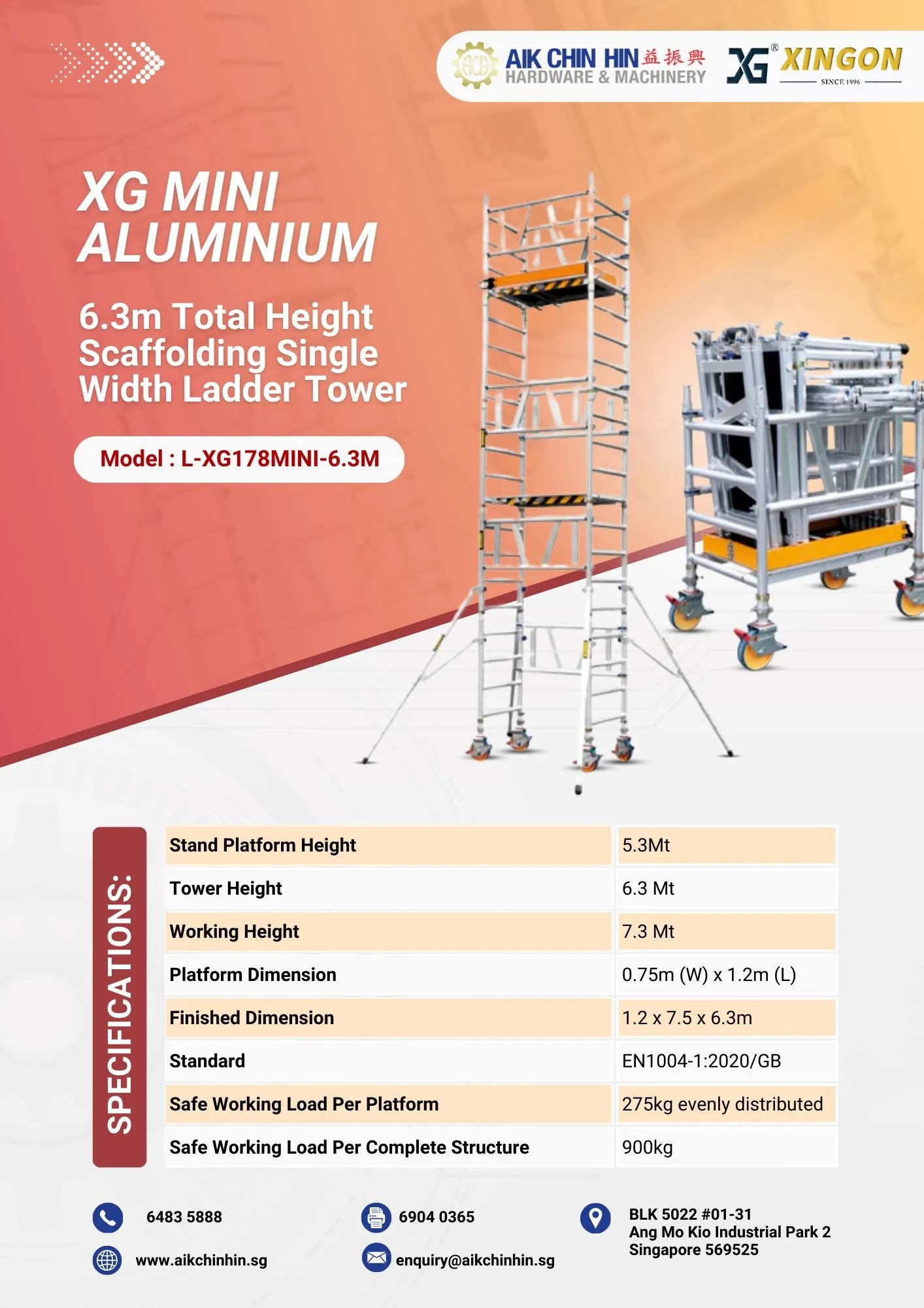 Alum Mini Scaffolding (Platform : 5.3m) Working Height 7.3m With Assy | Model : L-XG178MINI-6.3M
