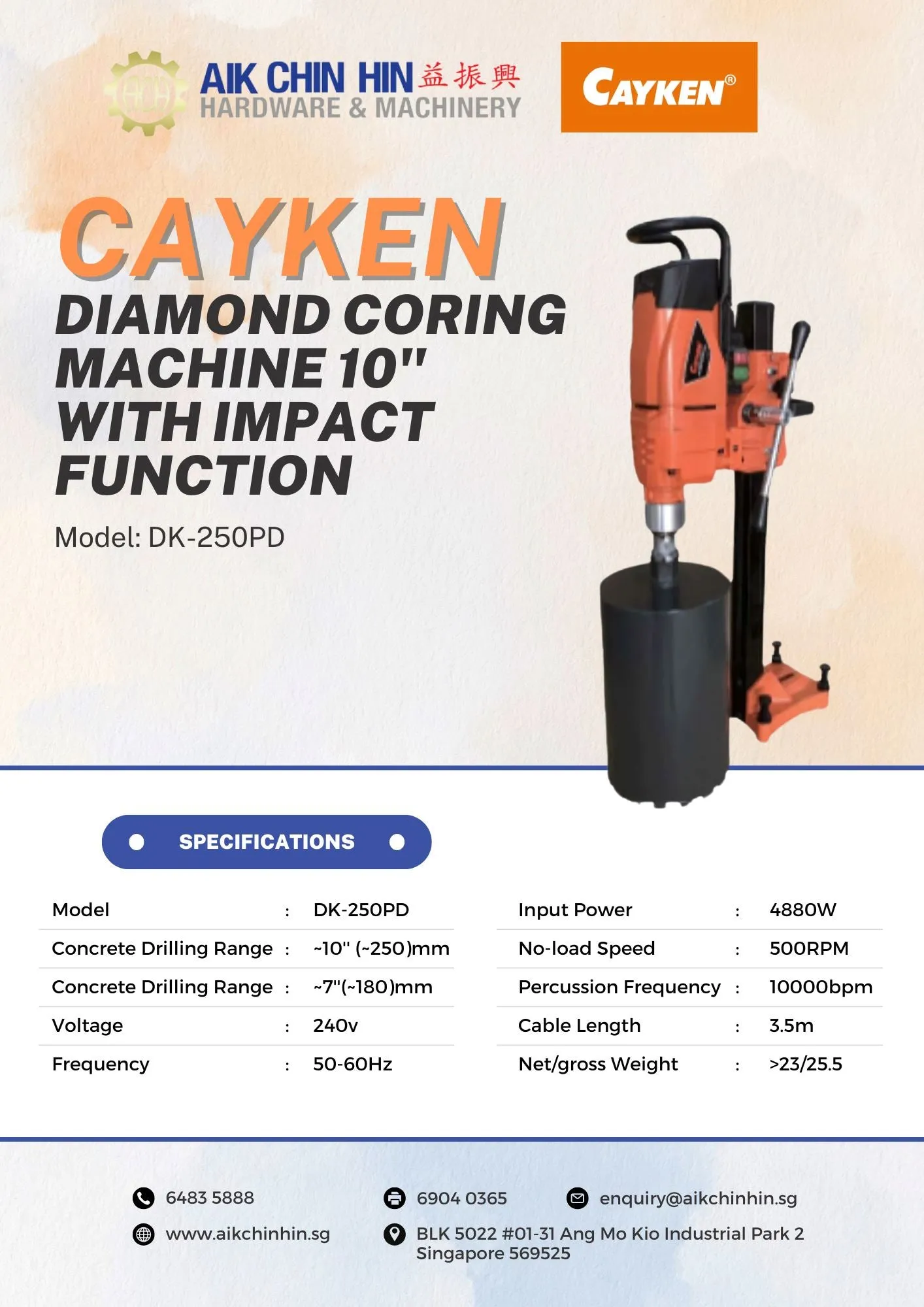 Cayken Diamond Coring Machine 10 with Impact Function | Model : DK-250PD