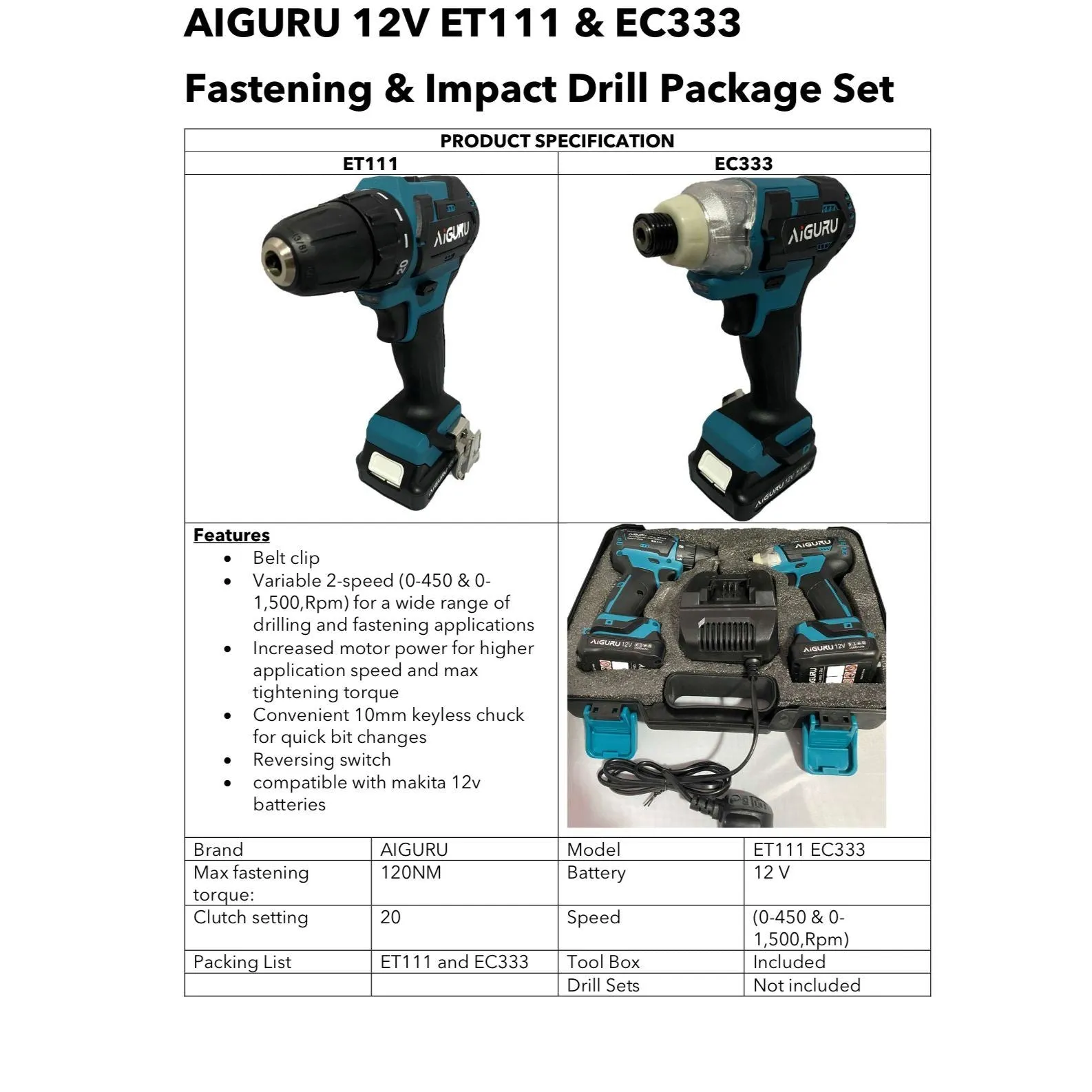 Combo Set 12v Aiguru EC333 ET111 Drill