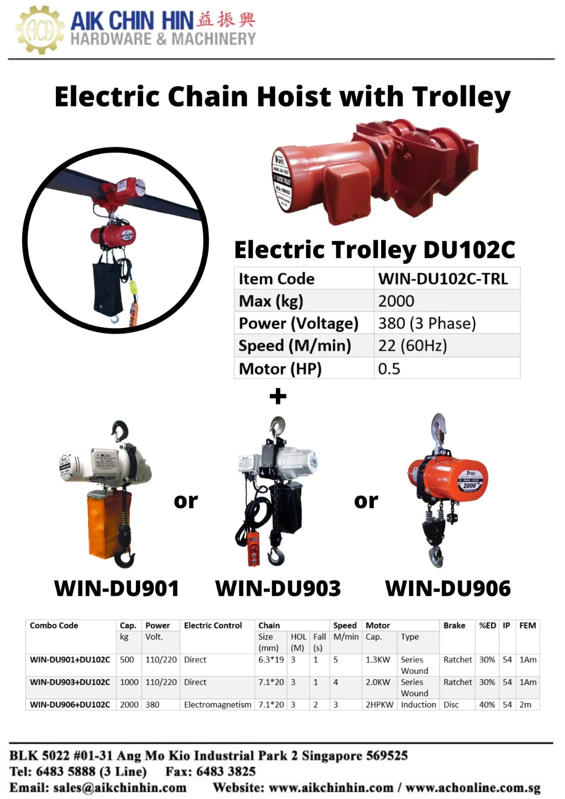Duke Electric 6m Chain Hoist 2000kg with Trolley 4way controller | Model : WIN-DU906 DU102C