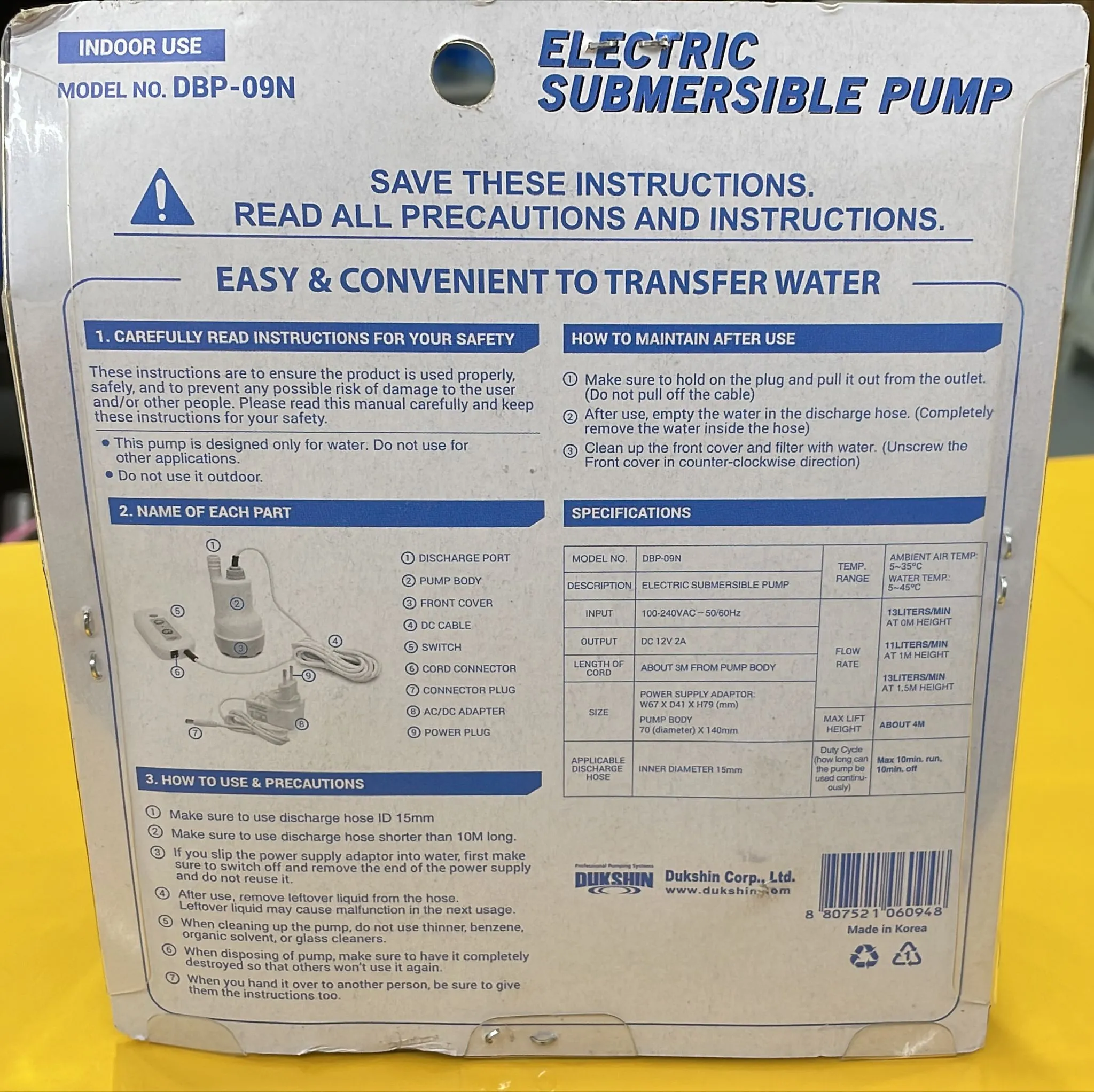 Dukshin 9V Bath or Fish Tank Submersible Water Pump with Transformer | Model : DBP-09N