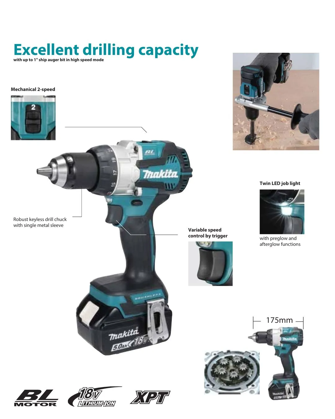 Makita DC 13mm Driver Drill DDF489Z (18V.Bare Unit. BL. Keyless) | Model: M-DDF489Z