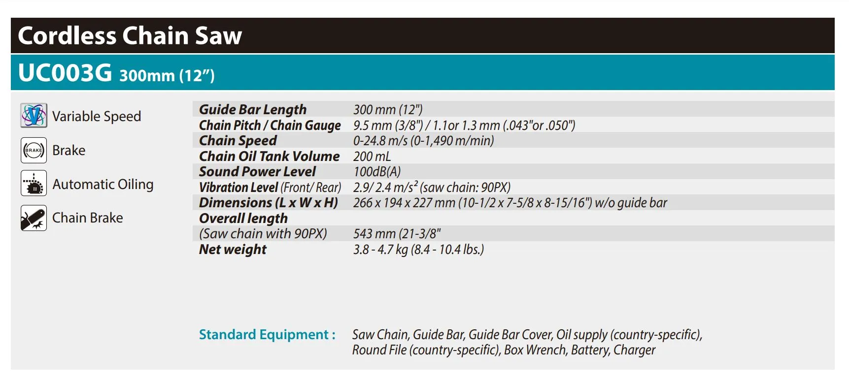 MAKITA UC003GZ01 12 40V Max 1400W Cordless Chain Saw (Bare Unit) | Model: M-UC003GZ01