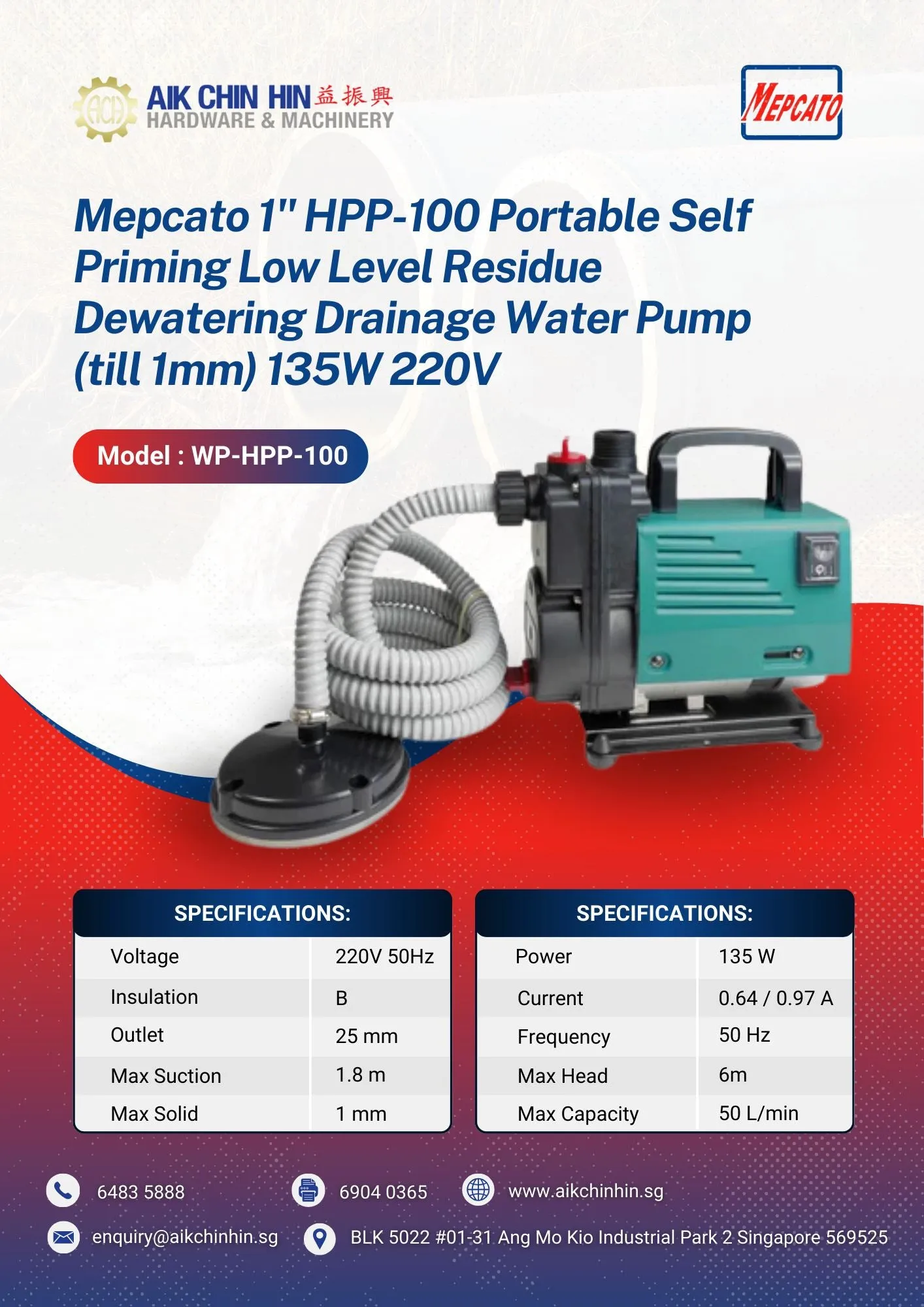 Mepcato 1 HPP-100 Portable Self Priming Low Level Residue Dewatering Drainage Water Pump (till 1mm) 135W 220V | Model : WP-HPP-100