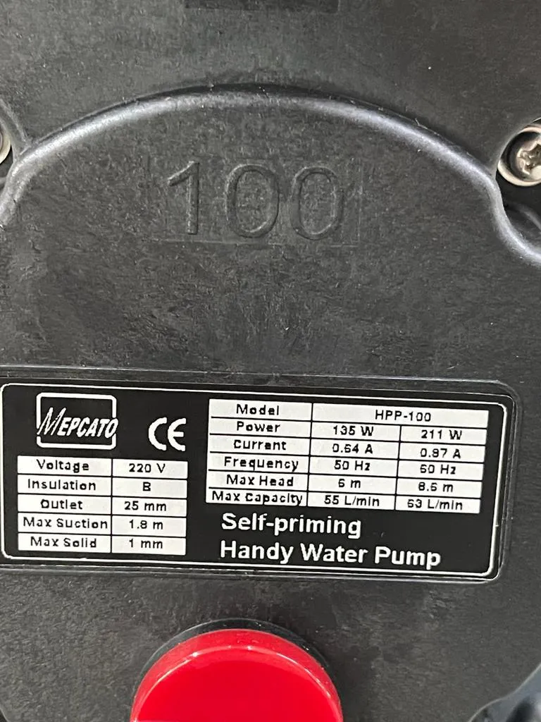 Mepcato 1 HPP-100 Portable Self Priming Low Level Residue Dewatering Drainage Water Pump (till 1mm) 135W 220V | Model : WP-HPP-100