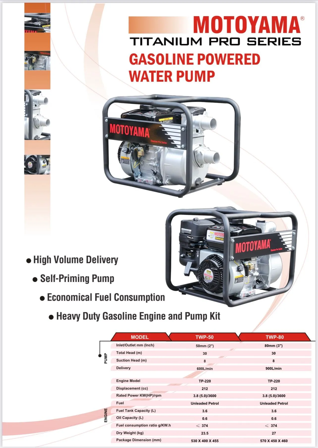 Motoyama 3 6.5HP Gasoline Water Pump Titanium Pro Series | Model : WP-TWP-80