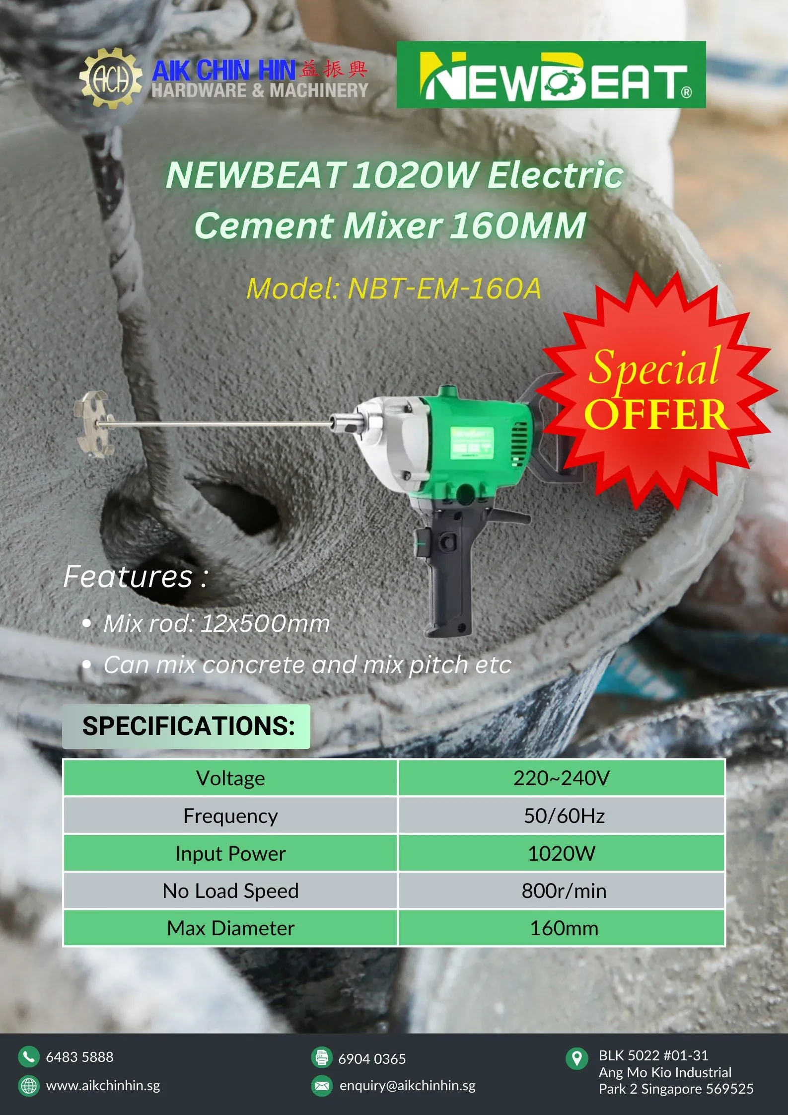 NEWBEAT 1020W Electric Cement Paint Mixer 160MM | Model : NBT-EM-160A