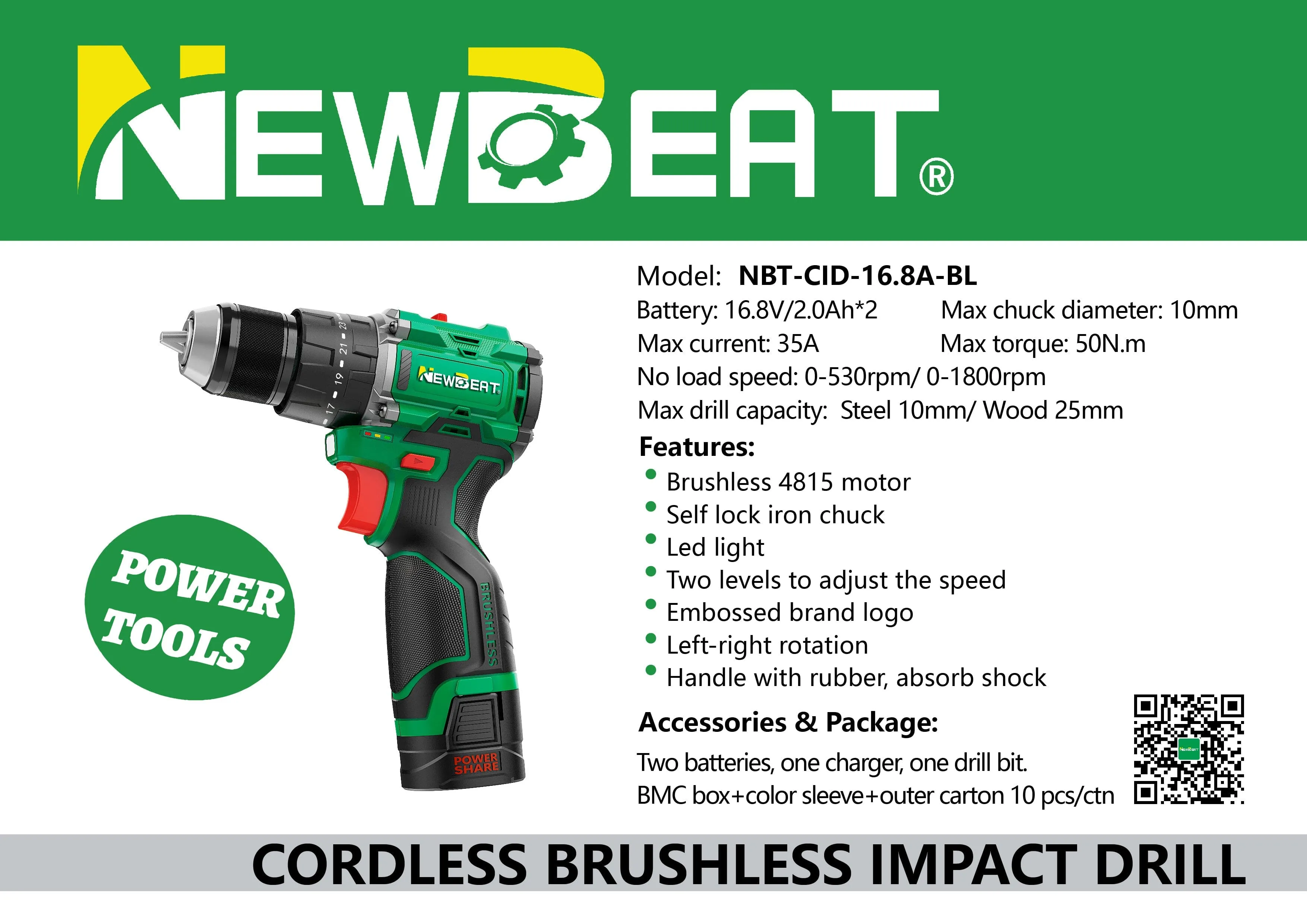 NEWBEAT 16.8V Cordless Drill (Brushless) C/W 2 Battery & 1 Charger  | Model : NBT-CID-16.8A-BL