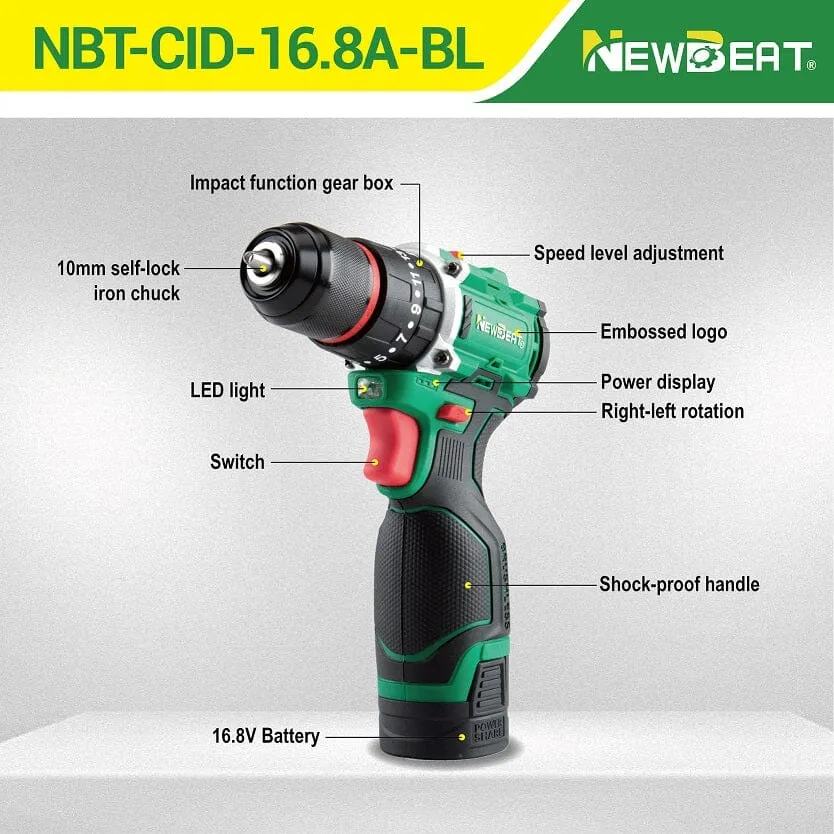NEWBEAT 16.8V Cordless Drill (Brushless) C/W 2 Battery & 1 Charger  | Model : NBT-CID-16.8A-BL