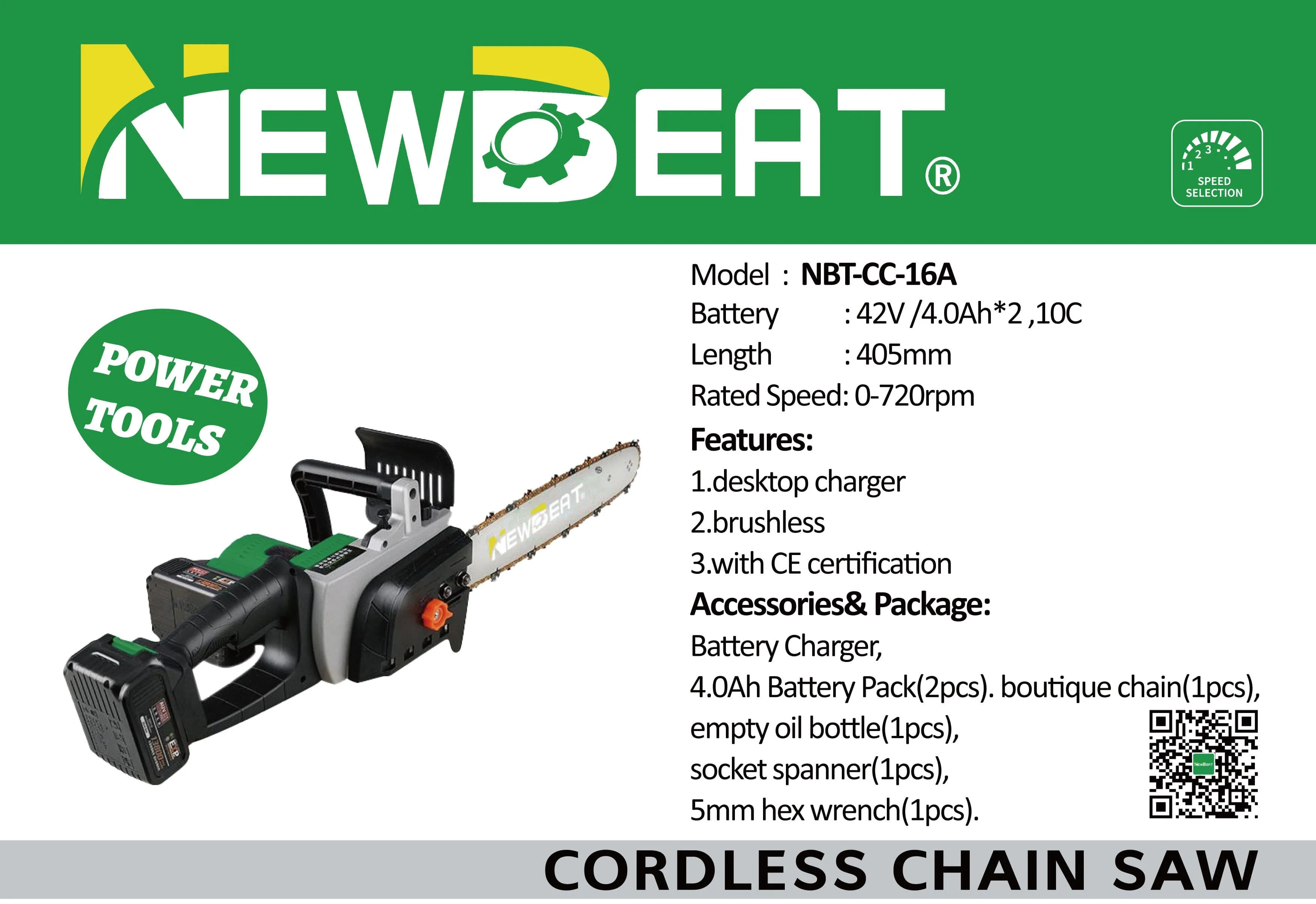 Newbeat 21V 16 Cordless Chainsaw (BL) C/W 2 Battery and 1 Charger | Model: NBT-CC-16A