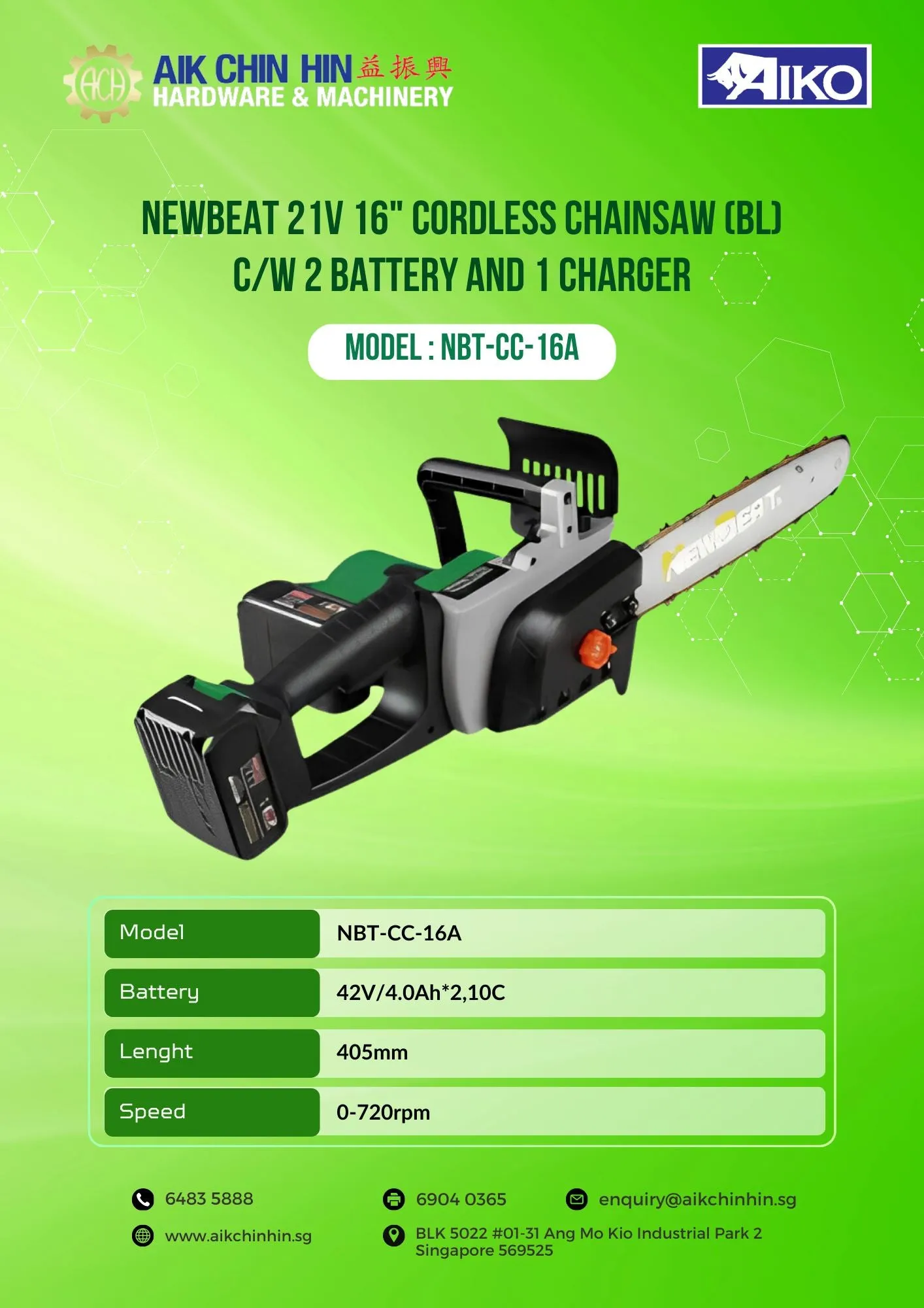 Newbeat 21V 16 Cordless Chainsaw (BL) C/W 2 Battery and 1 Charger | Model: NBT-CC-16A