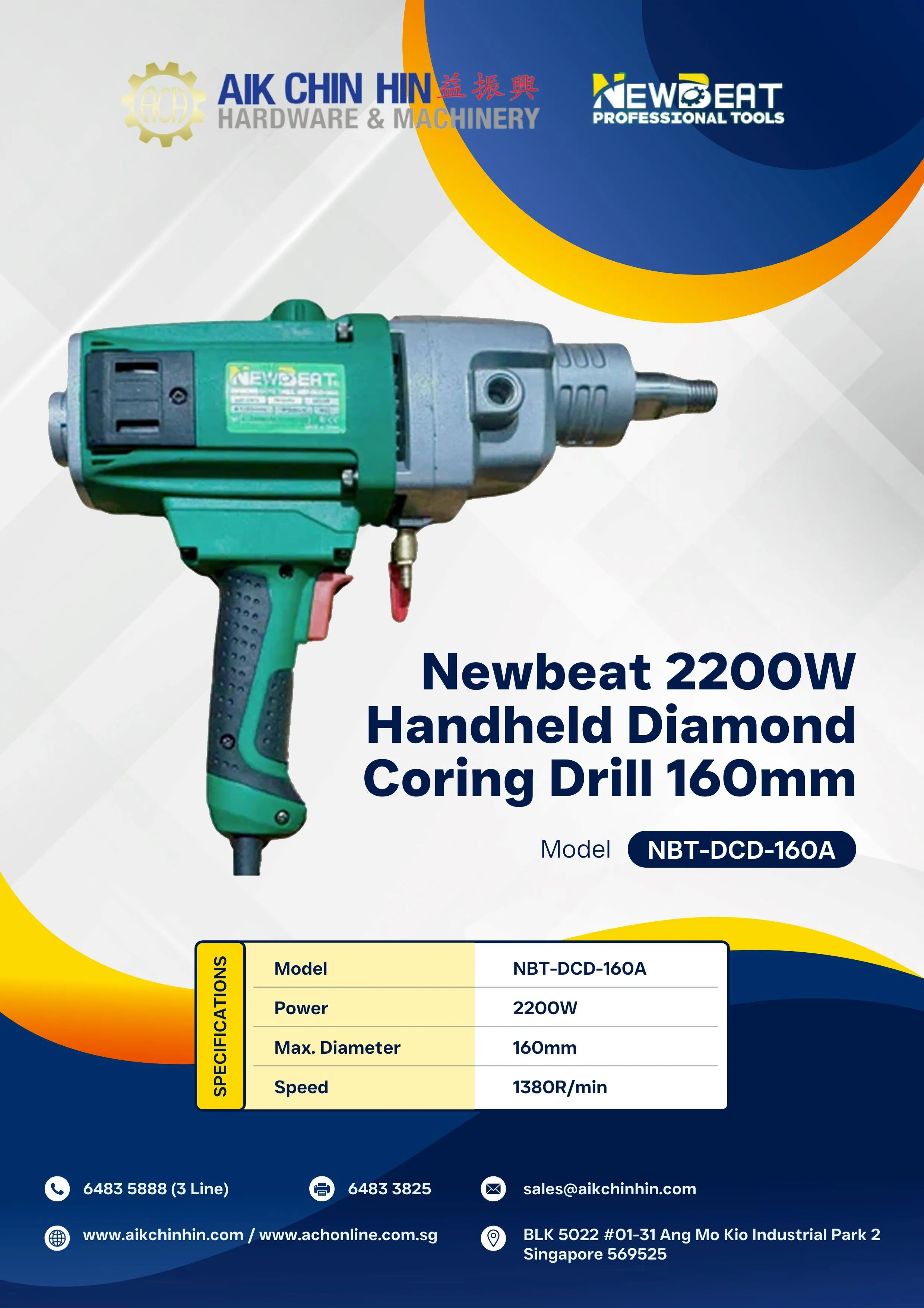 Newbeat 2200W Handheld Diamond Coring Drill 160mm | Model : NBT-DCD-160A