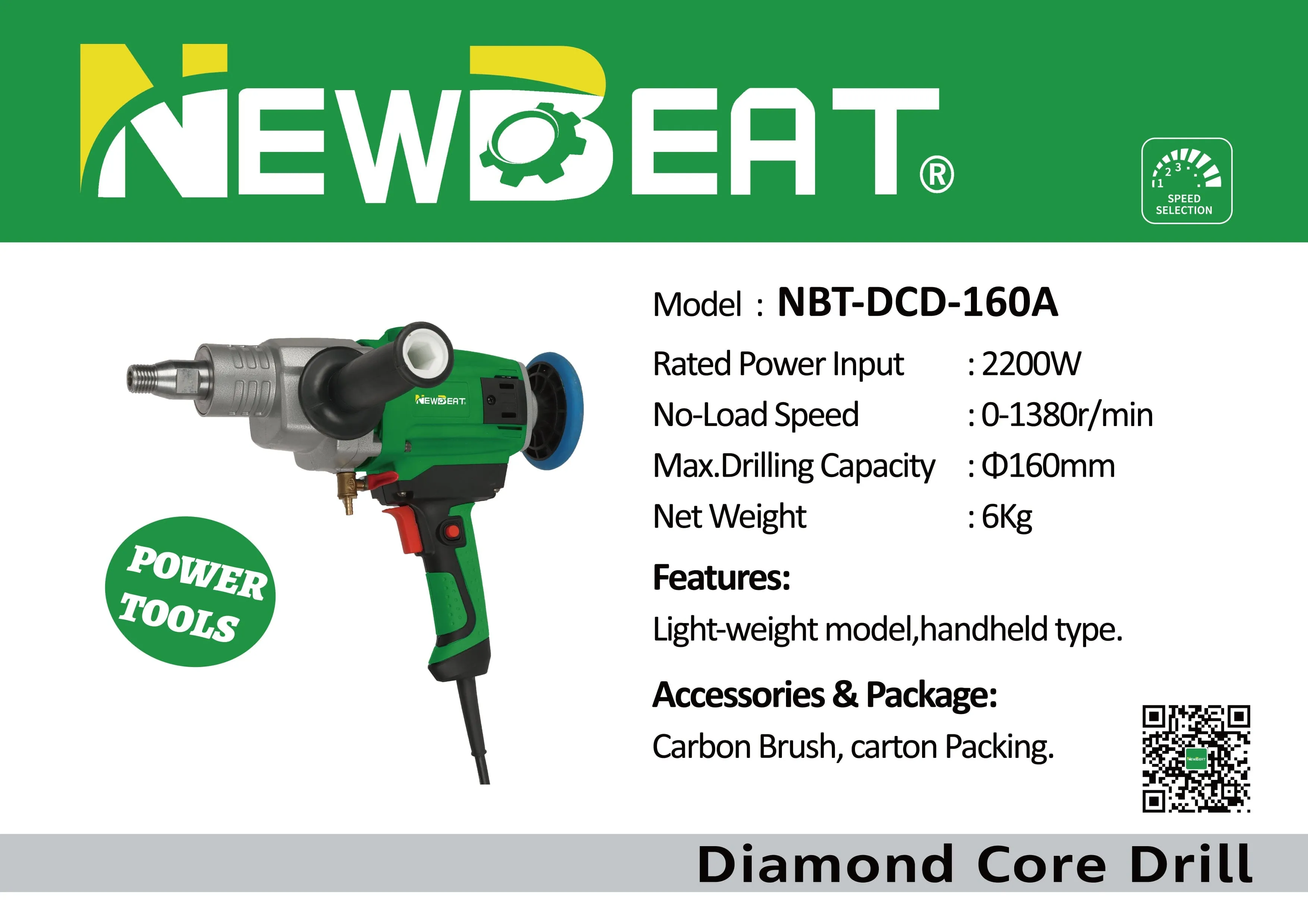 Newbeat 2200W Handheld Diamond Coring Drill 160mm | Model : NBT-DCD-160A