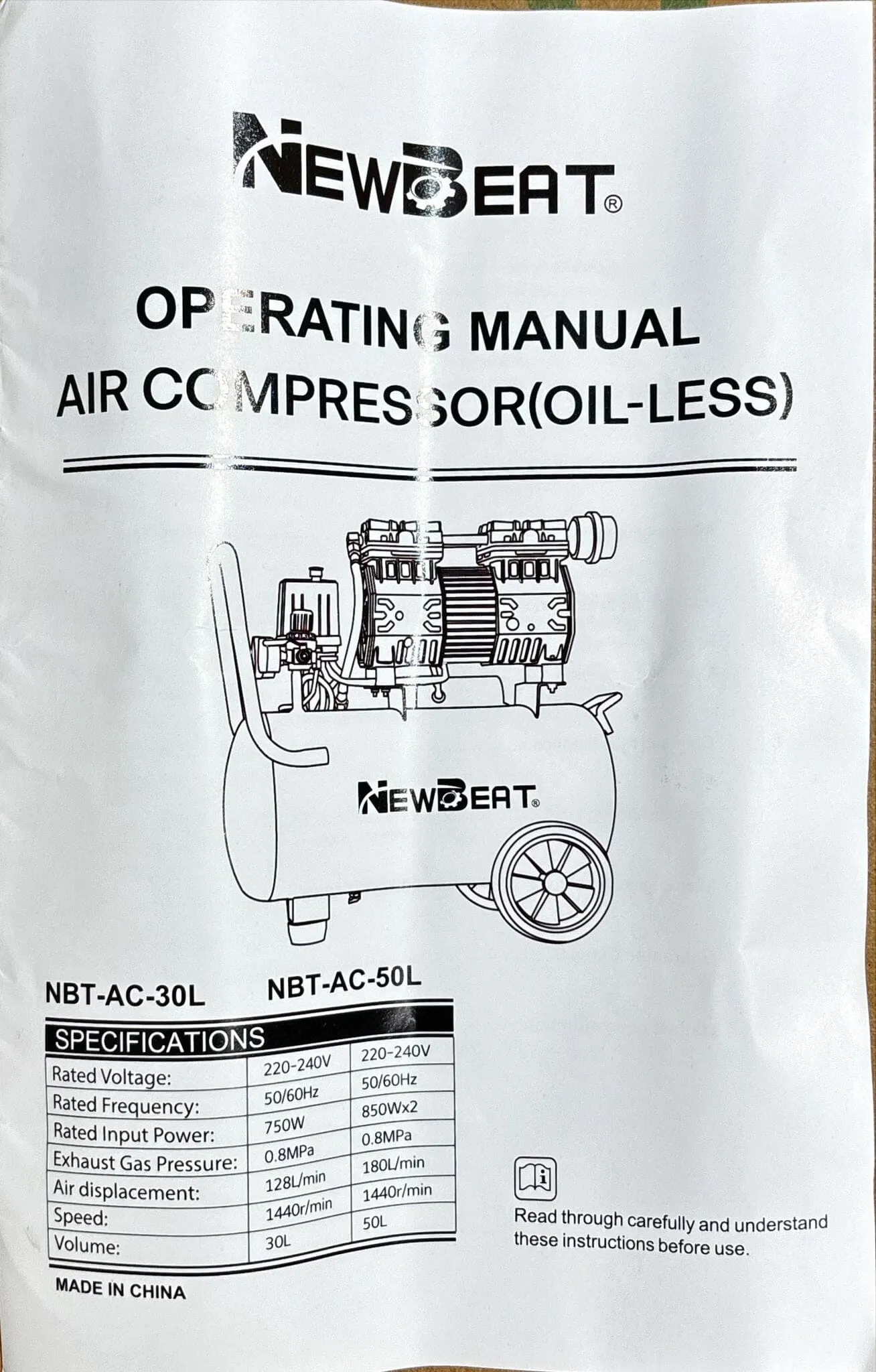 Newbeat 2.5Hp Oilless Air Compressor 24L | Model : NBT-AC-24L