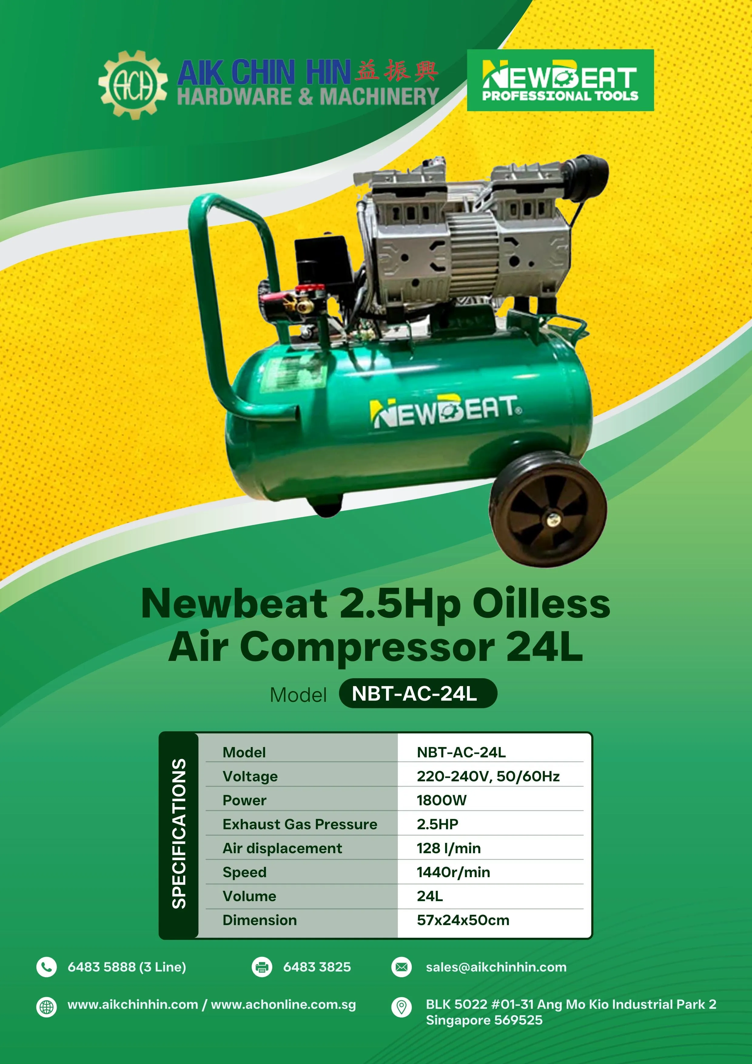 Newbeat 2.5Hp Oilless Air Compressor 24L | Model : NBT-AC-24L