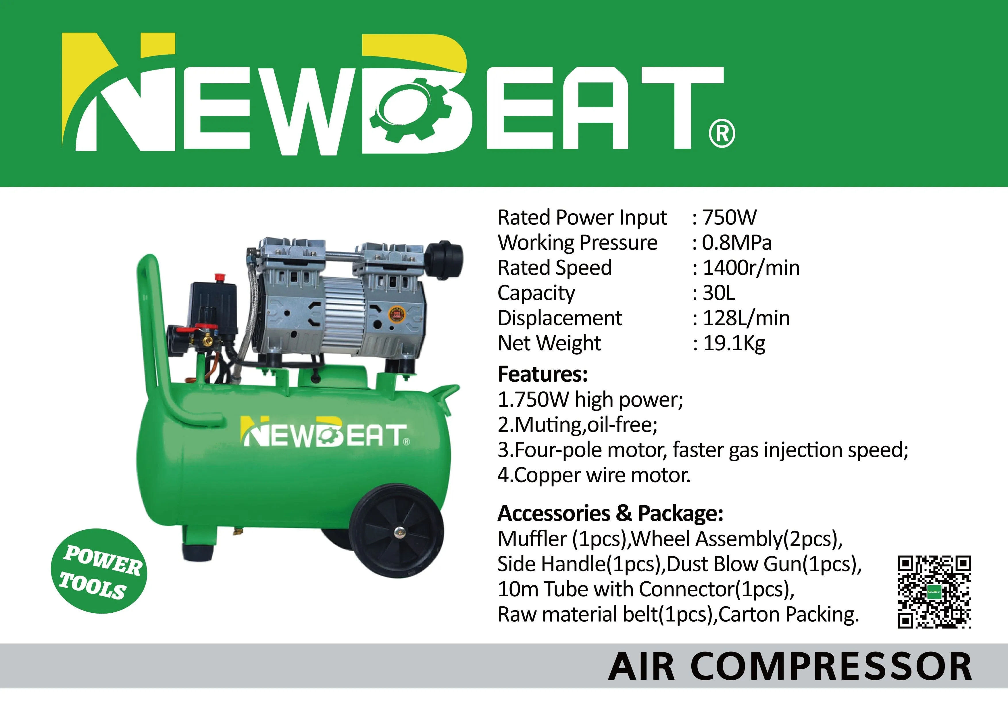 NEWBEAT Oilless Air Compressor 2.5HP 30L | Model: NBT-AC-30L