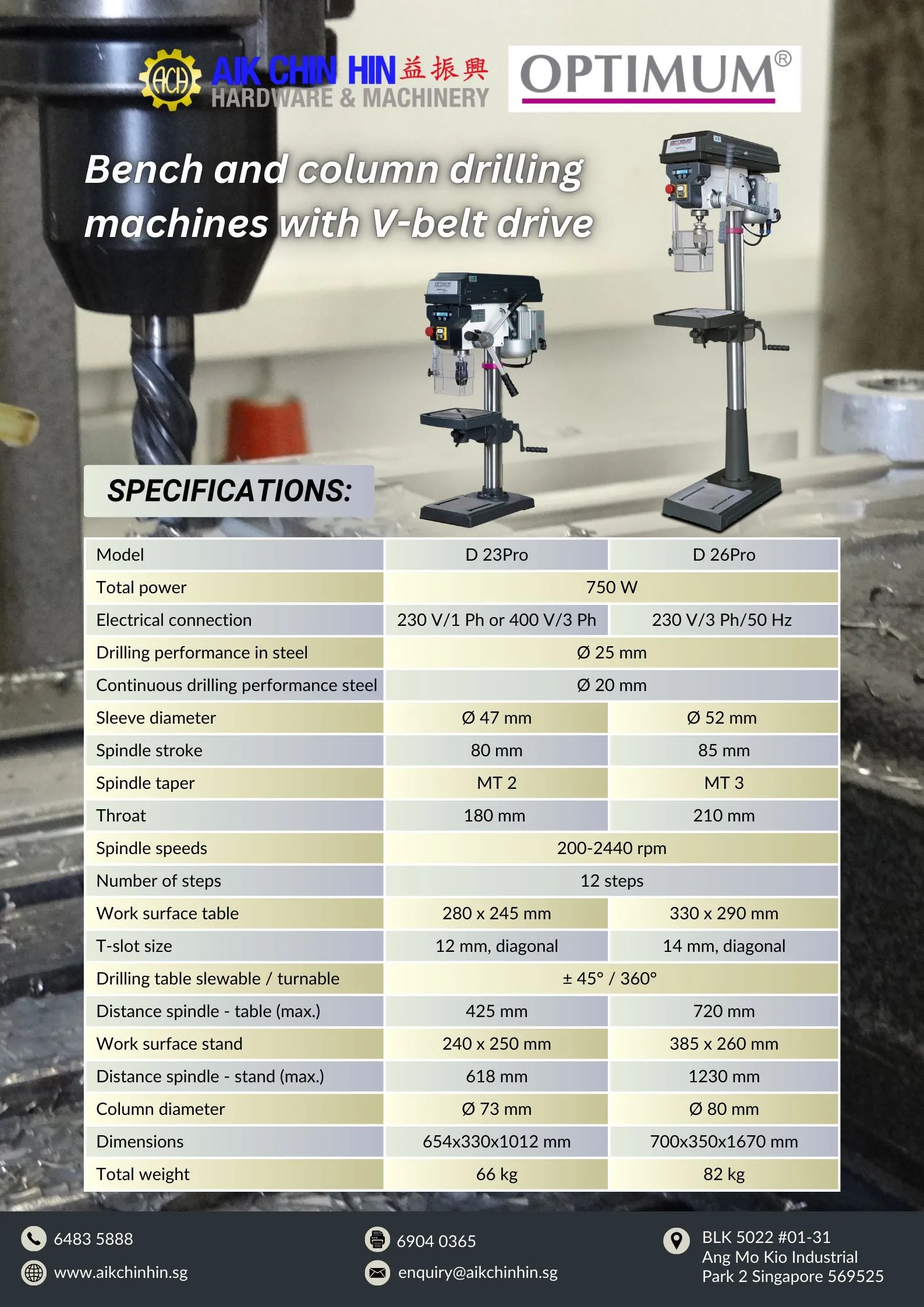 Optimum Bench Drill 1 Phase 230V Motor 750W Max Drilling 25mm | Model: D26PRO