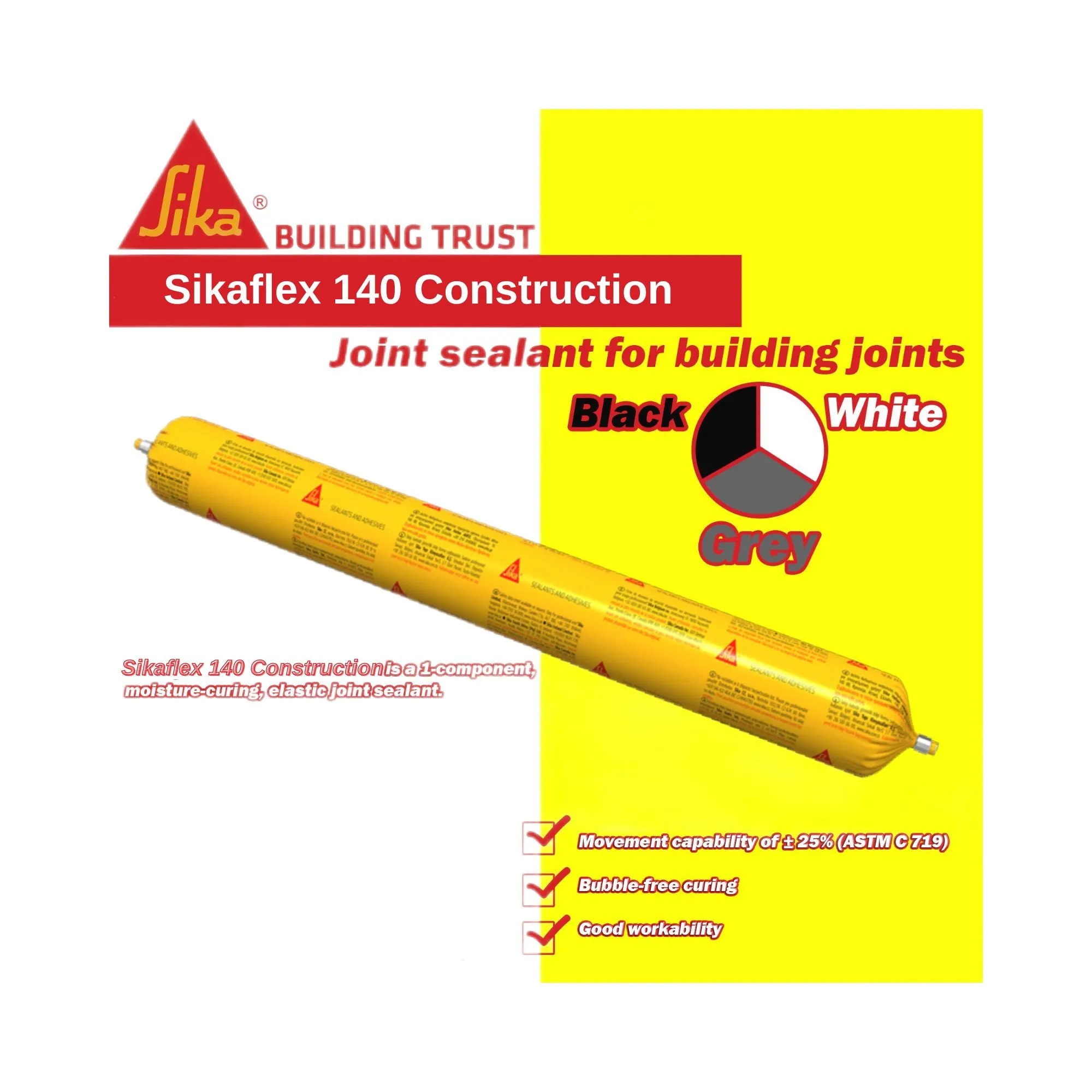 Sikaflex 140 Construction Polyurethane PU Joint Sealant Black. White & Grey | Model: SIKA-