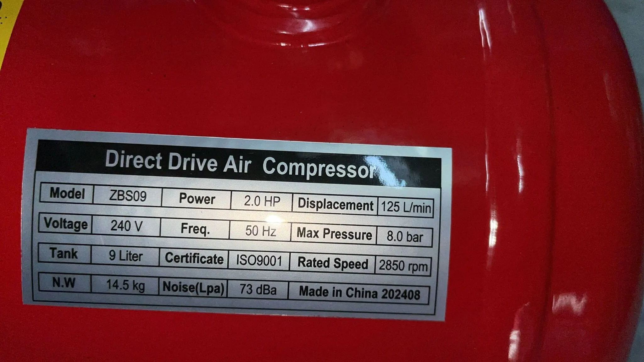 Tiger 2Hp 9L 240V Direct Air Compressor (FOR EXPORT ONLY) | Model : ZBS09