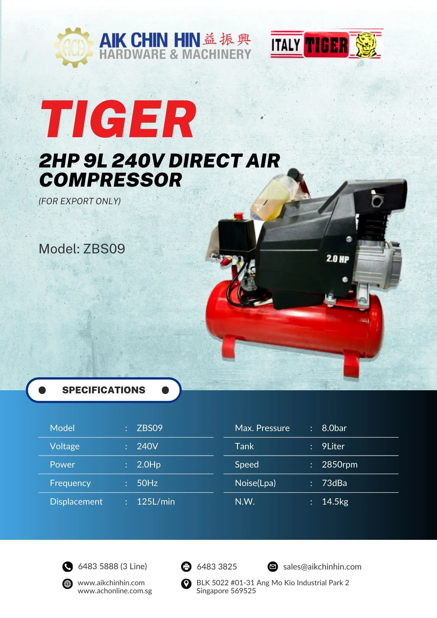 Tiger 2Hp 9L 240V Direct Air Compressor (FOR EXPORT ONLY) | Model : ZBS09