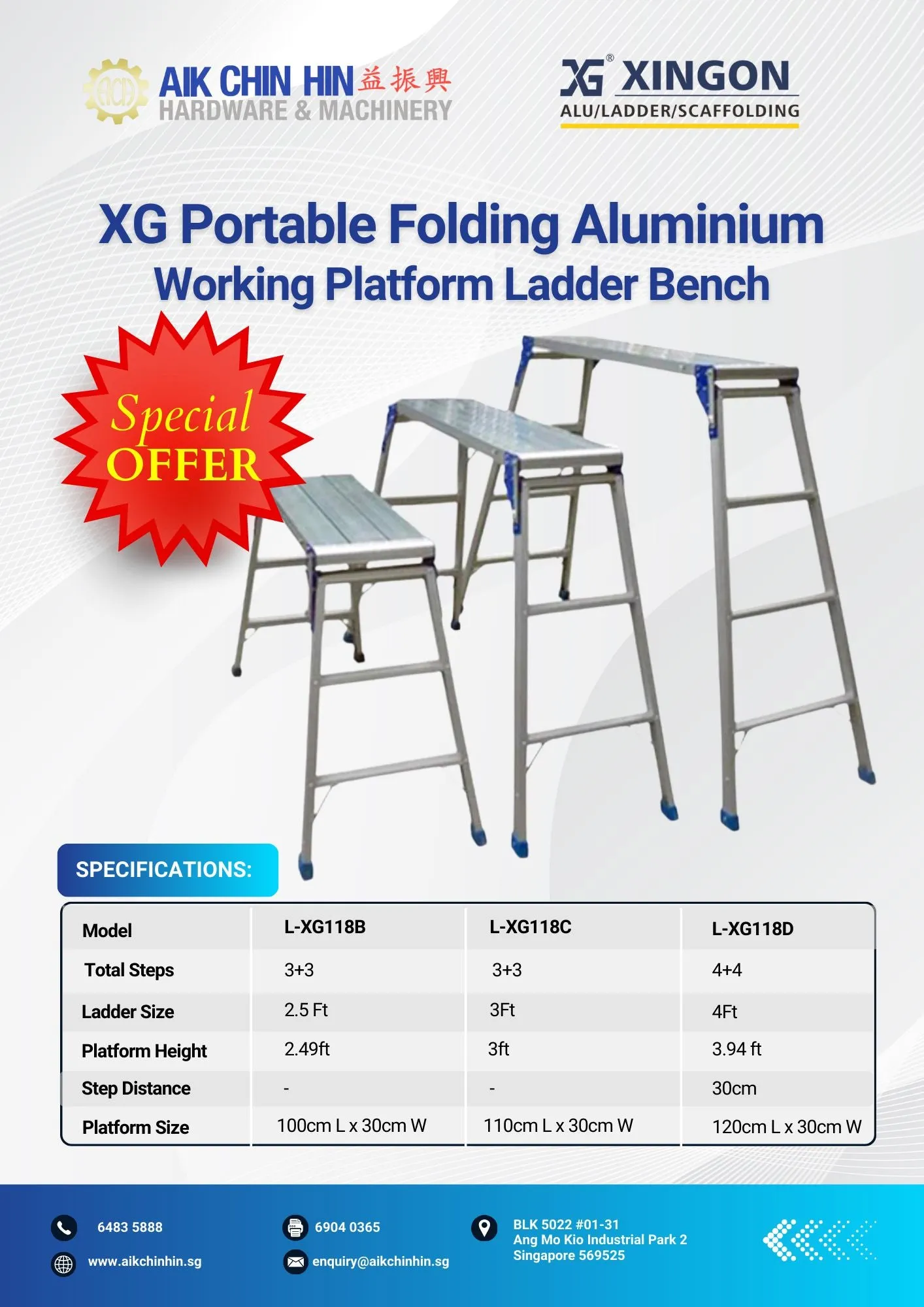 XG 4FT Portable Folding Aluminium Working Platform Ladder Bench | Model: L-XG118D