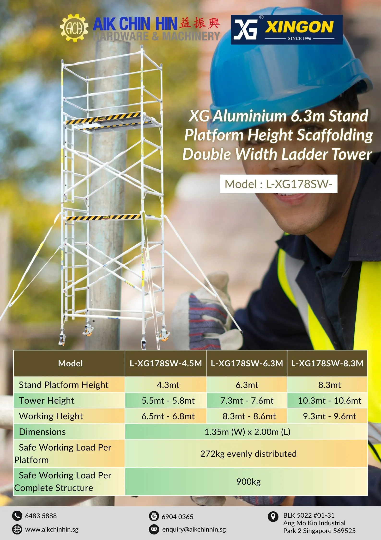 XG Aluminium 8.3m Stand Platform Height Scaffolding Double Width Ladder Tower | Model : L-XG178SW-8.3M